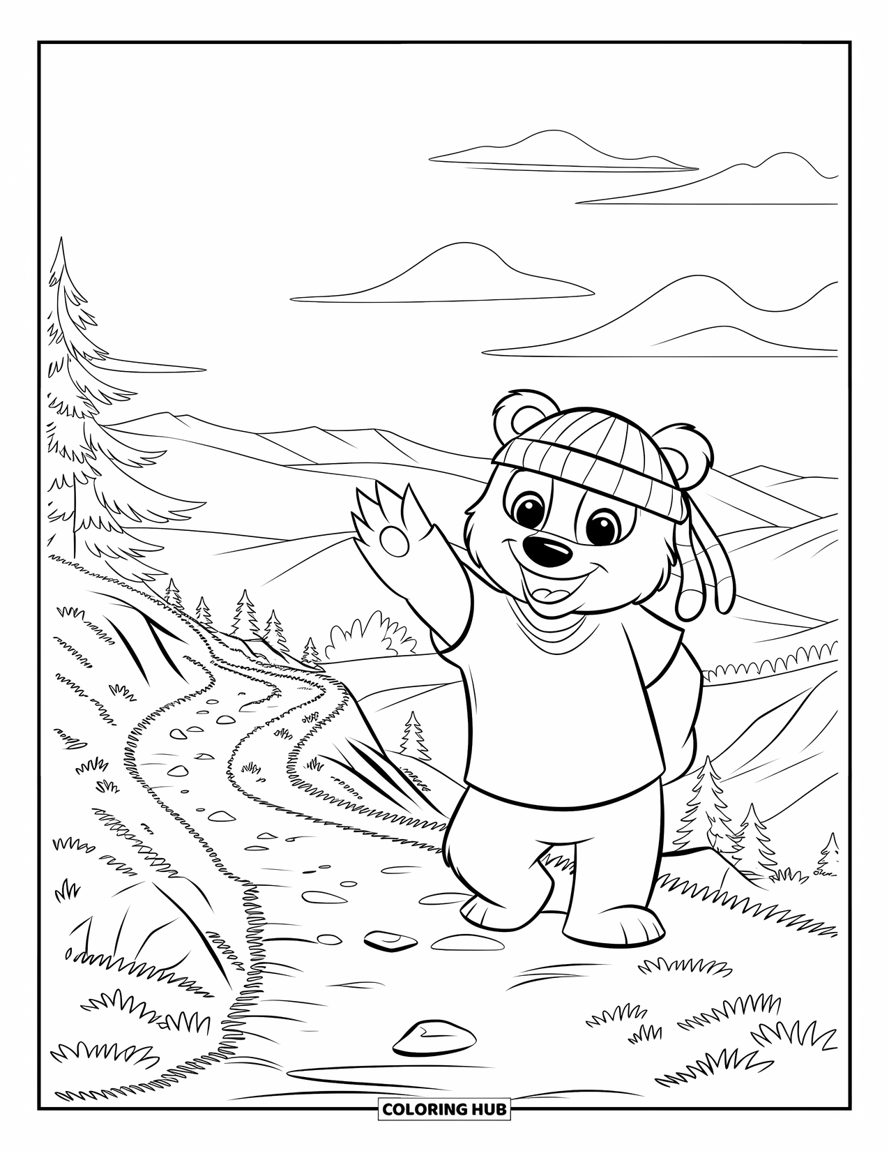 Berg Kleurplaat voor Kinderen: Een beer met een hoed die zwaait bij een bergpad met bomen eromheen