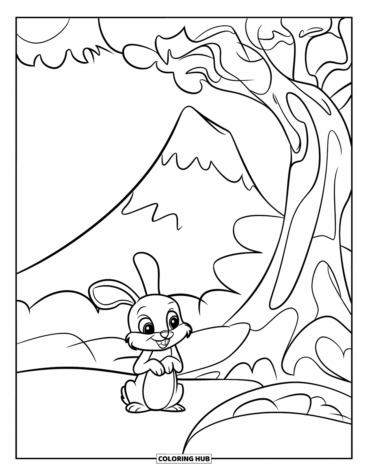 Berg Kleurplaat voor Kinderen: Een konijntje dat uitrust bij een boom op een berg met een heldere hemel