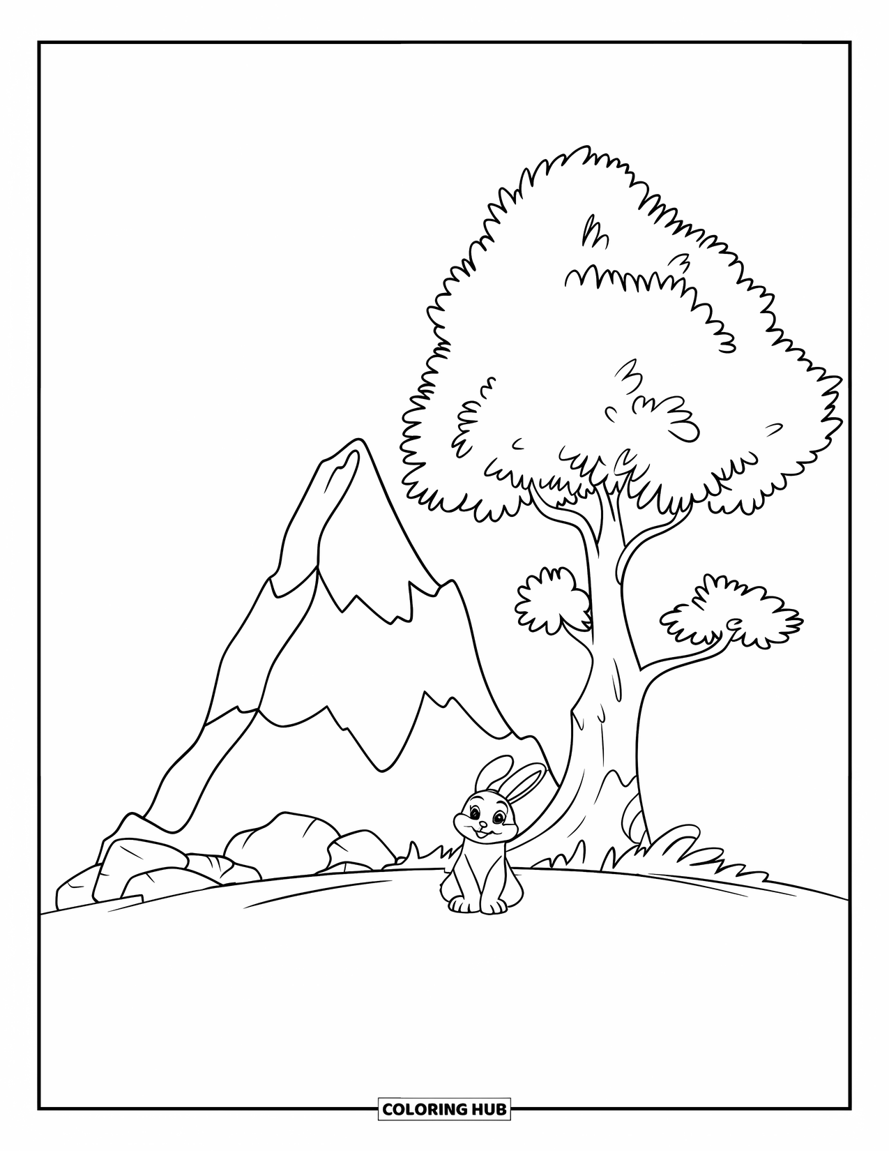 Berg Kleurplaat voor Kinderen: Een konijntje dat bij een grote boom op een berg zit