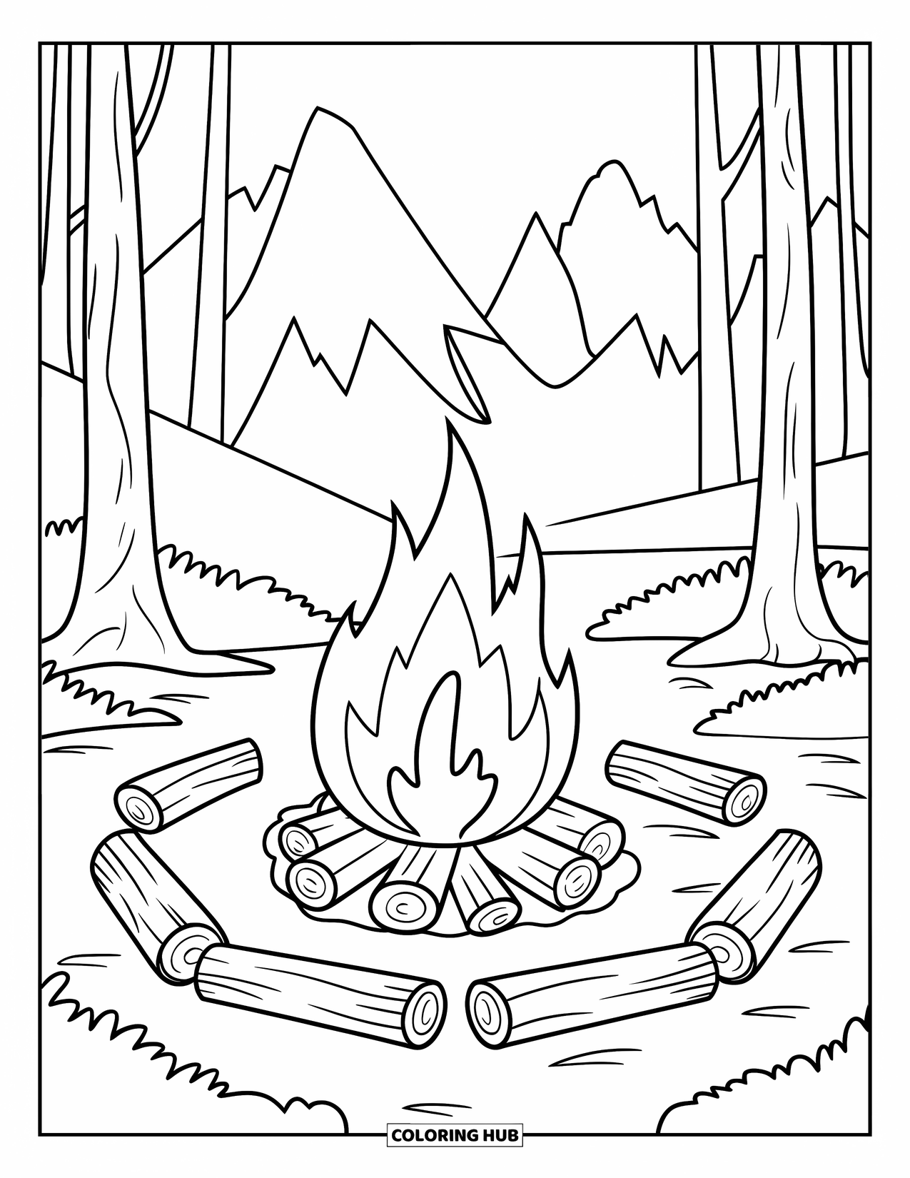 Berg Kleurplaat voor Kinderen: Een kampvuur omringd door boomstammen in een rustige open plek in het bos