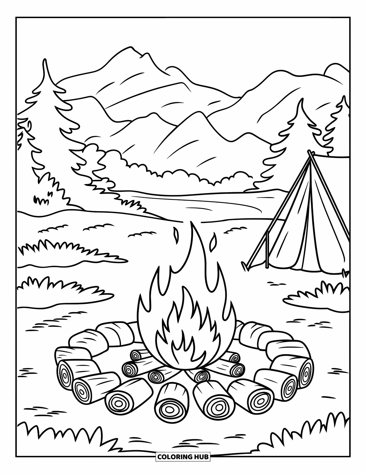 Berg Kleurplaat voor Kinderen: Een kampvuur met een tent in de buurt en bergen in de verte