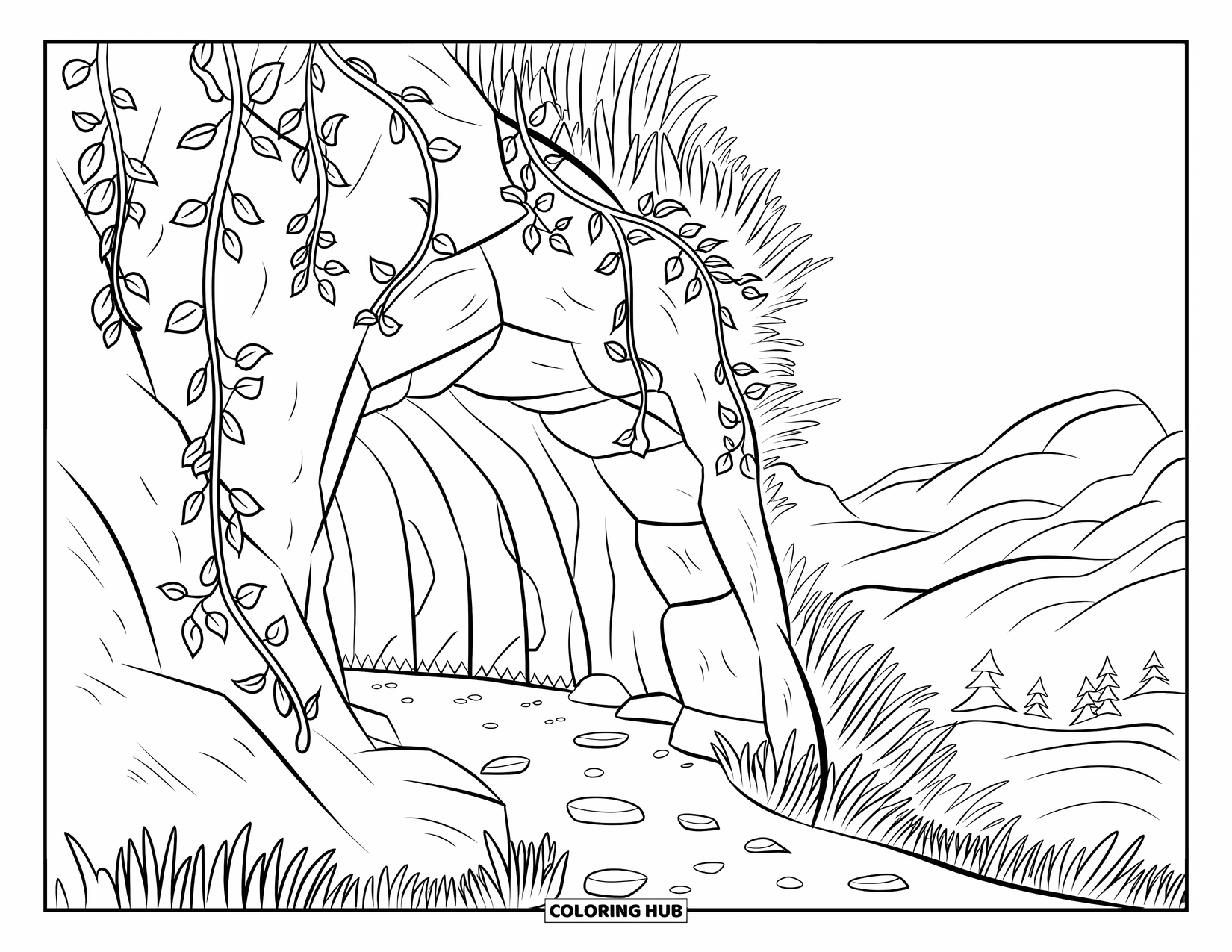 Berg Kleurplaat voor Kinderen: Een grot omringd door rotsen en wijnranken met een pad dat ernaartoe leidt