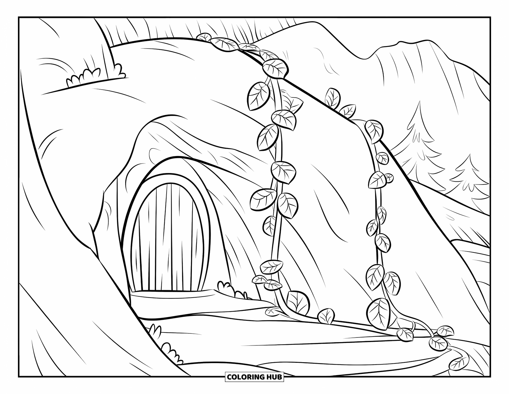 Berg Kleurplaat voor Kinderen: Een grot met wijnranken en een houten deur op een berghelling