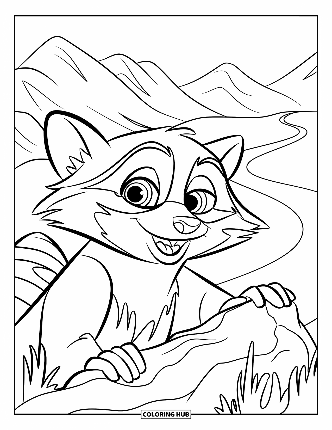 Berg Kleurplaat voor Kinderen: Een vrolijke wasbeer die zich verstopt achter een rots op een bergpad