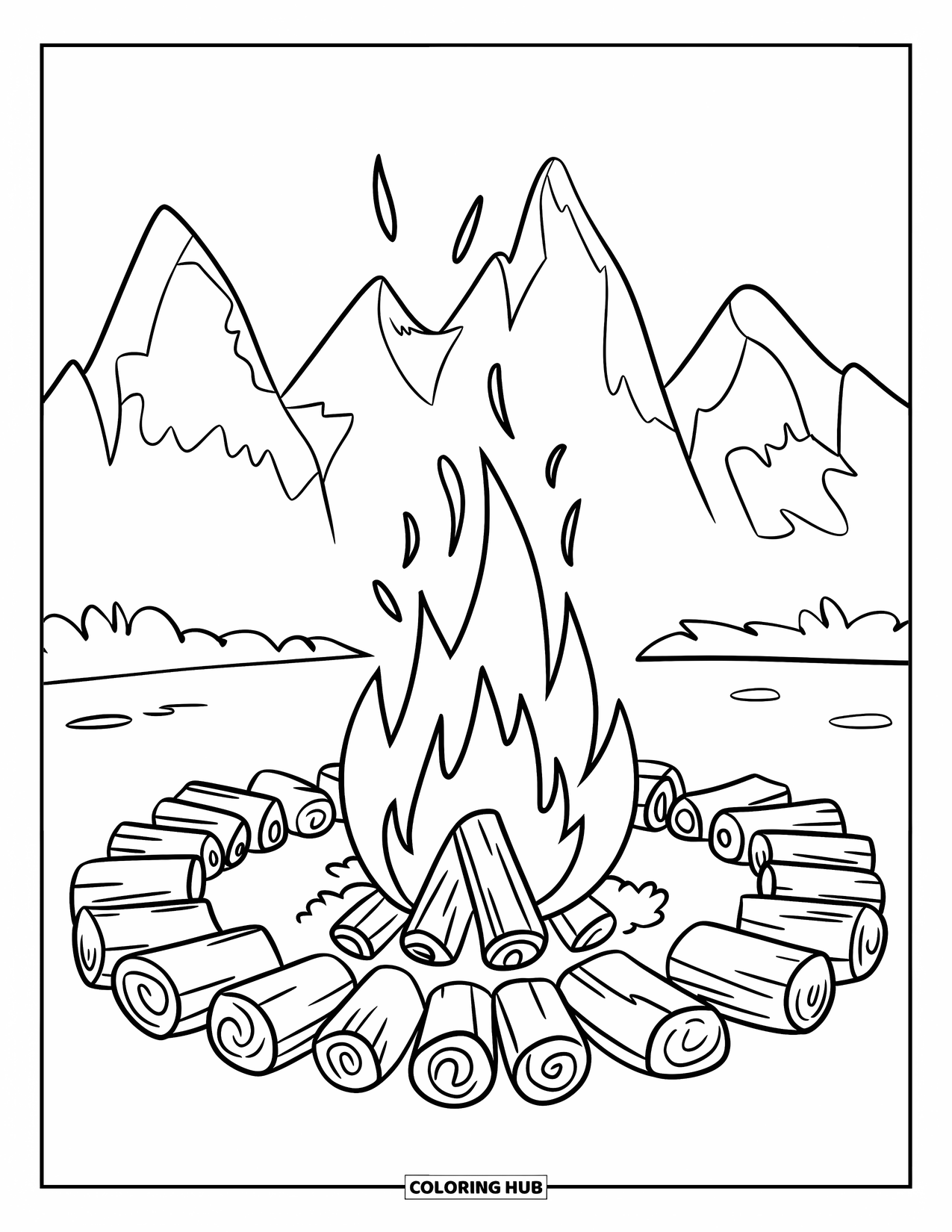 Berg Kleurplaat voor Kinderen: Een gezellige kampvuurscène met boomstammen en silhouetten van verre bergen
