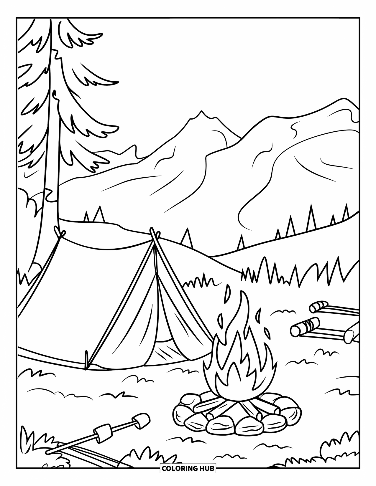 Berg Kleurplaat voor Kinderen: Een gezellige camping met een tent en kampvuur onder een sterrenhemel boven de bergen