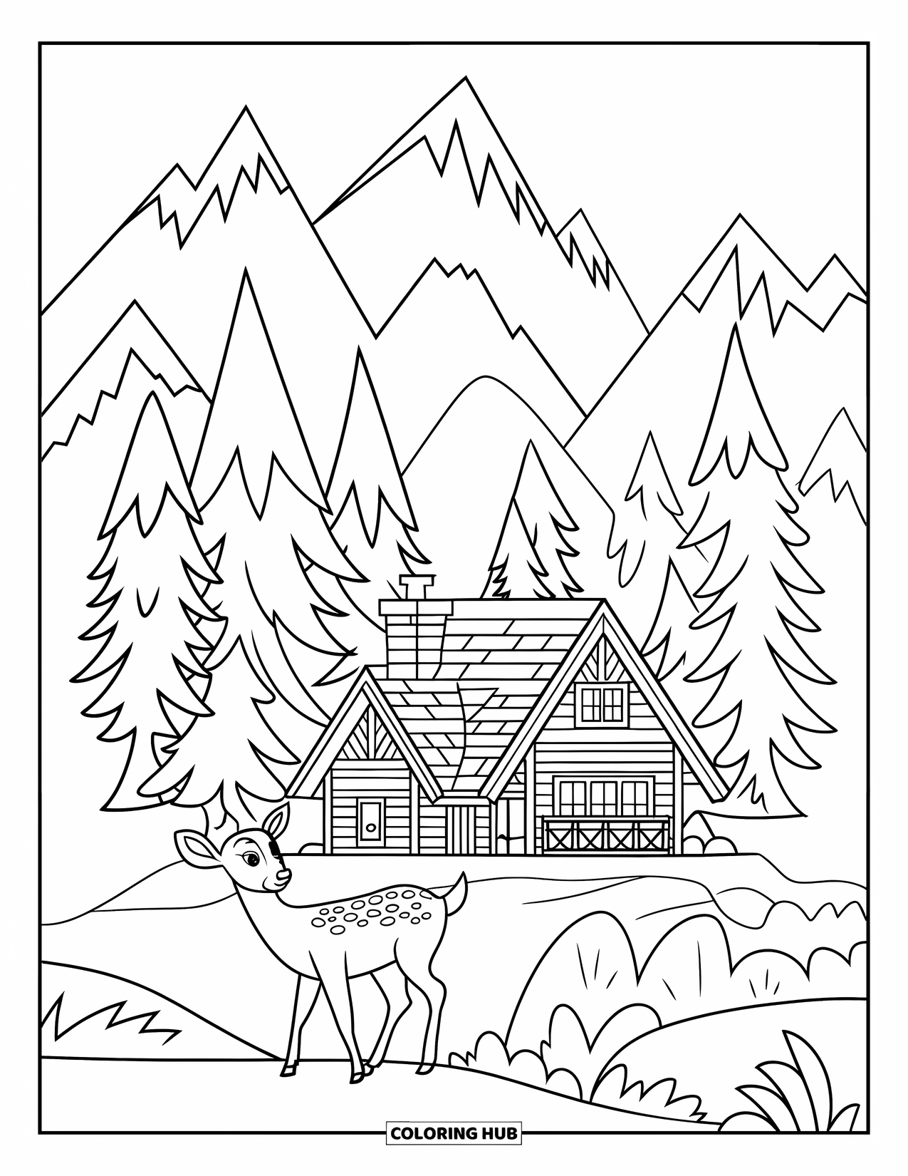 Berg Kleurplaat voor Kinderen: Een gezellige berghut omringd door dennenbomen en een grazend hert
