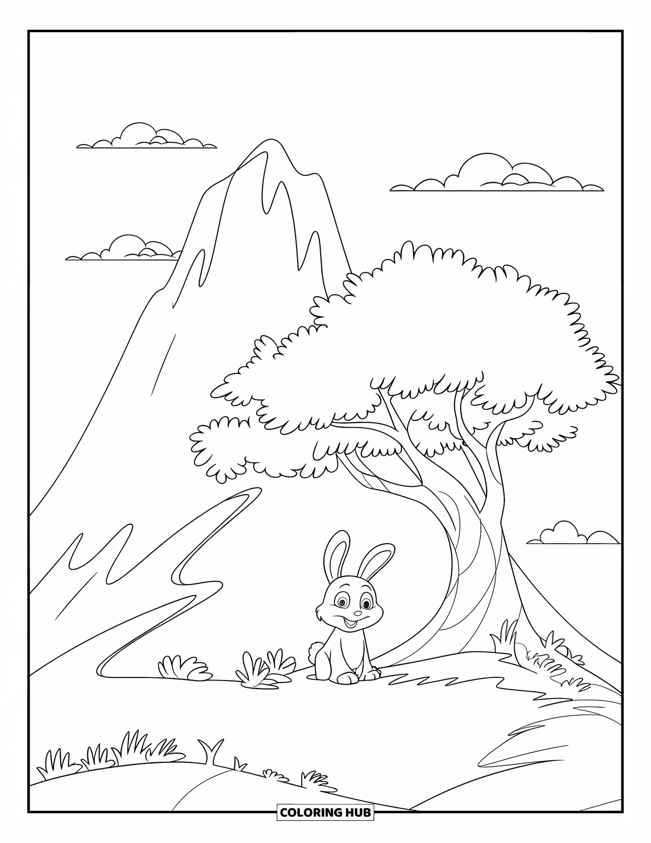 Berg Kleurplaat voor Kinderen: Een schattig konijntje in de buurt van een grote boom die op een berg groeit