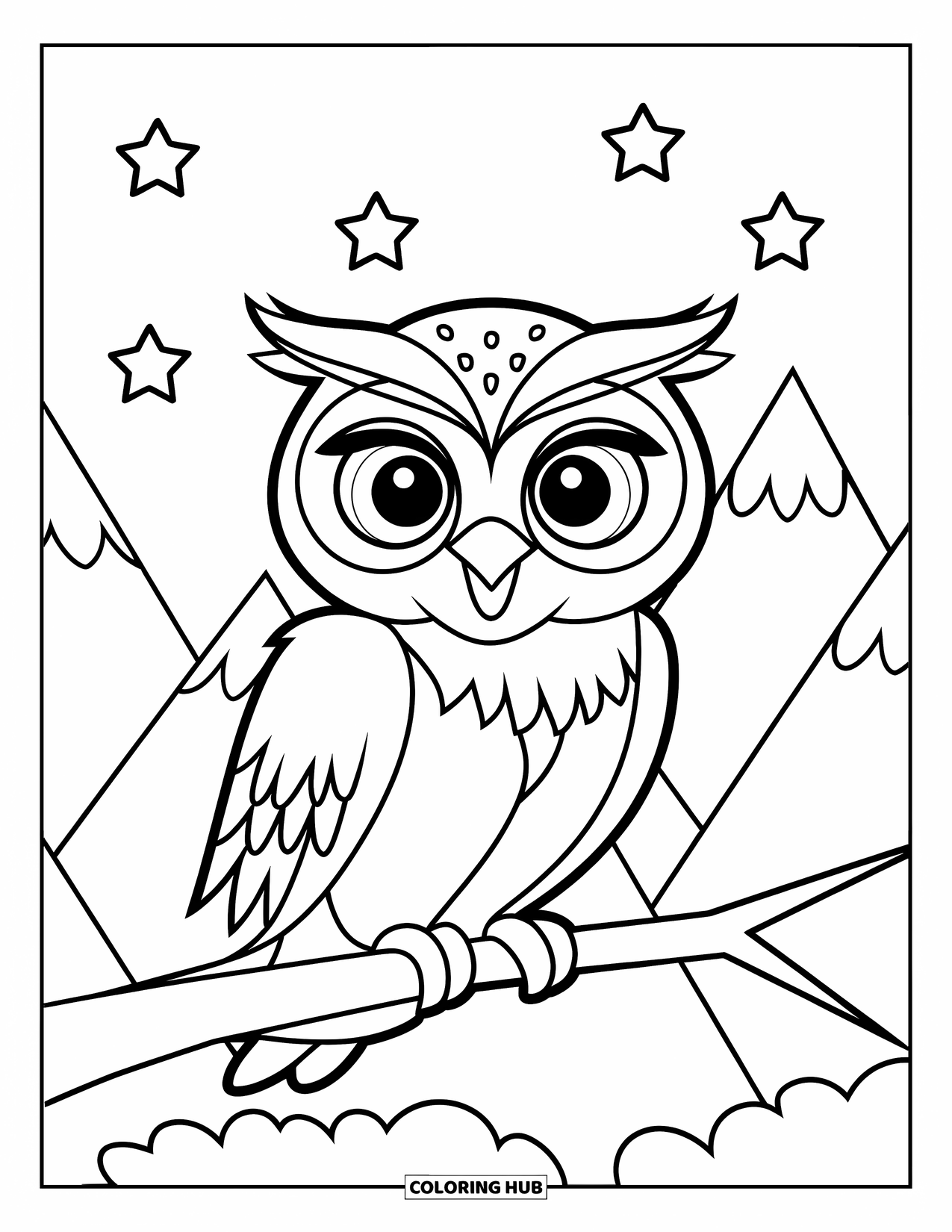 Berg Kleurplaat voor Kinderen: Een schattige uil die op een tak zit tegen bergen en sterren