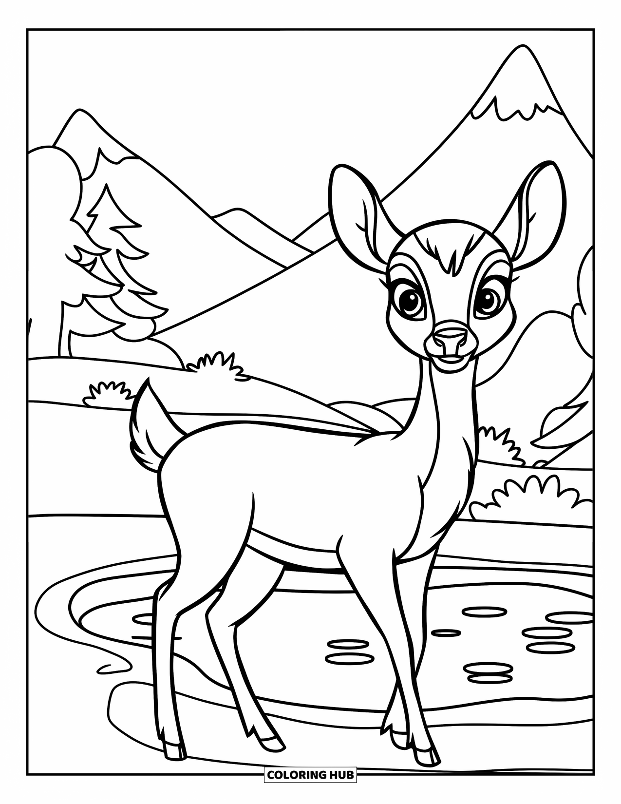 Berg Kleurplaat voor Kinderen: Een hert dat naast een kleine vijver staat met bergen op de achtergrond