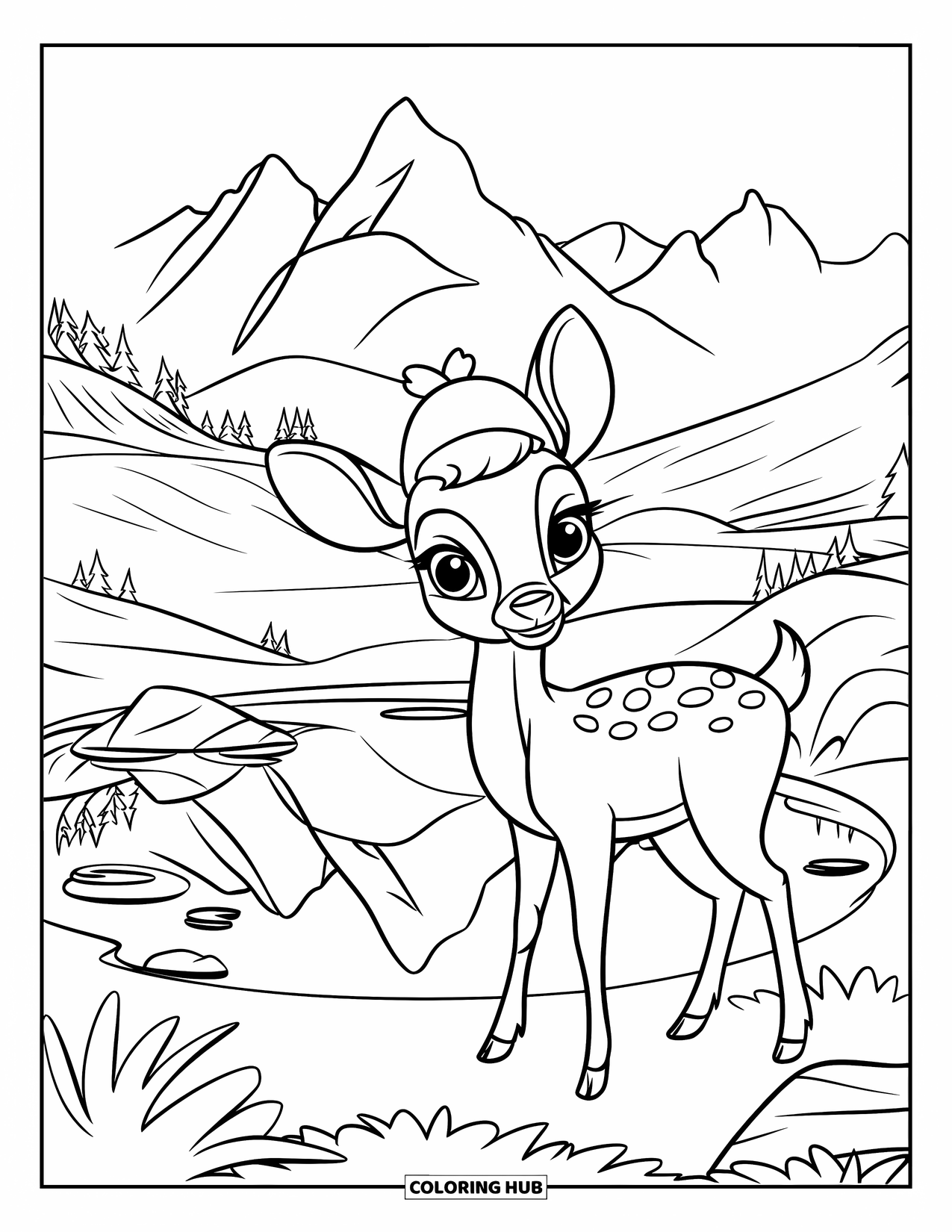 Berg Kleurplaat voor Kinderen: Een hert met een schattige hoed bij een vijver met bergen en rotsen eromheen