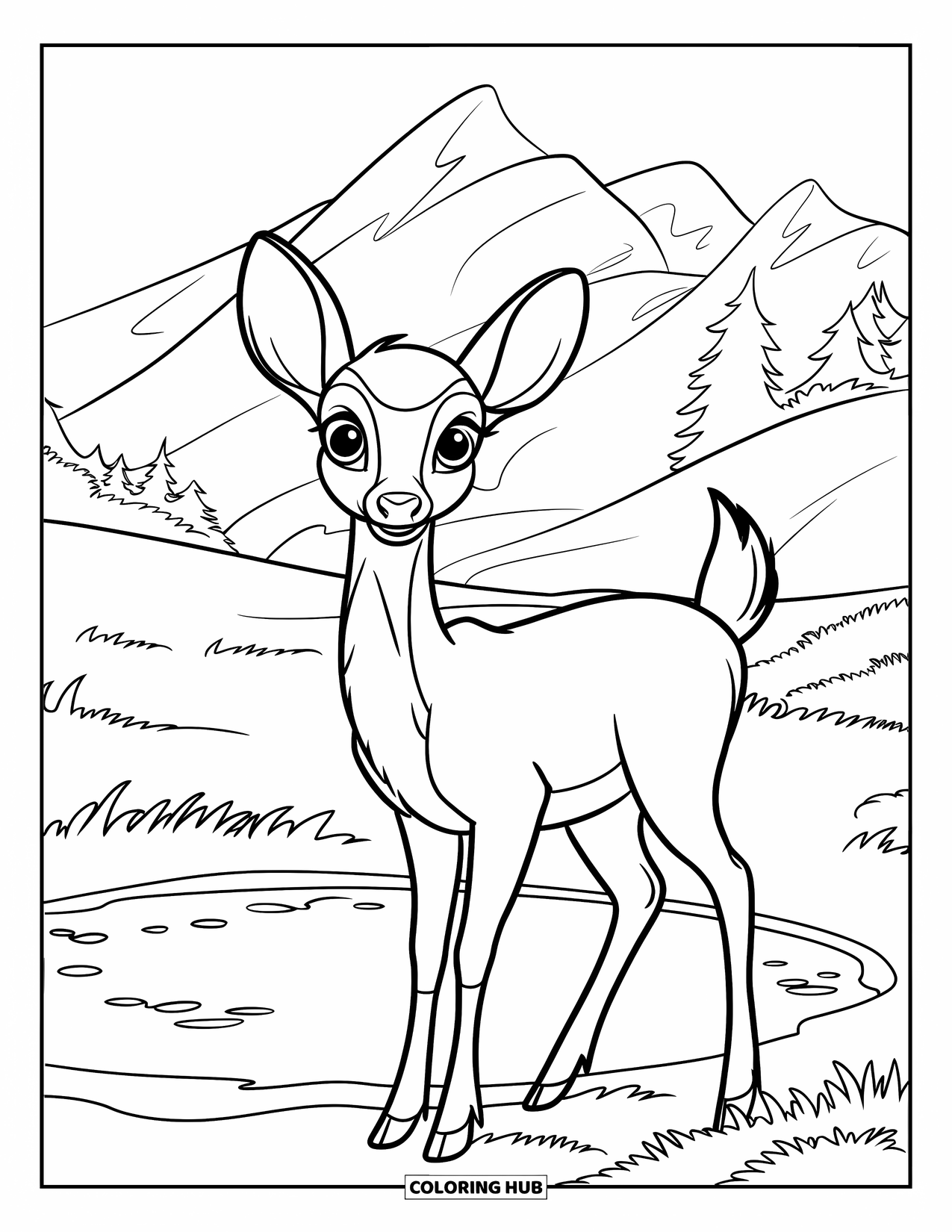 Berg Kleurplaat voor Kinderen: Een hert met grote ogen naast een kalme vijver onder een bergachtige hemel