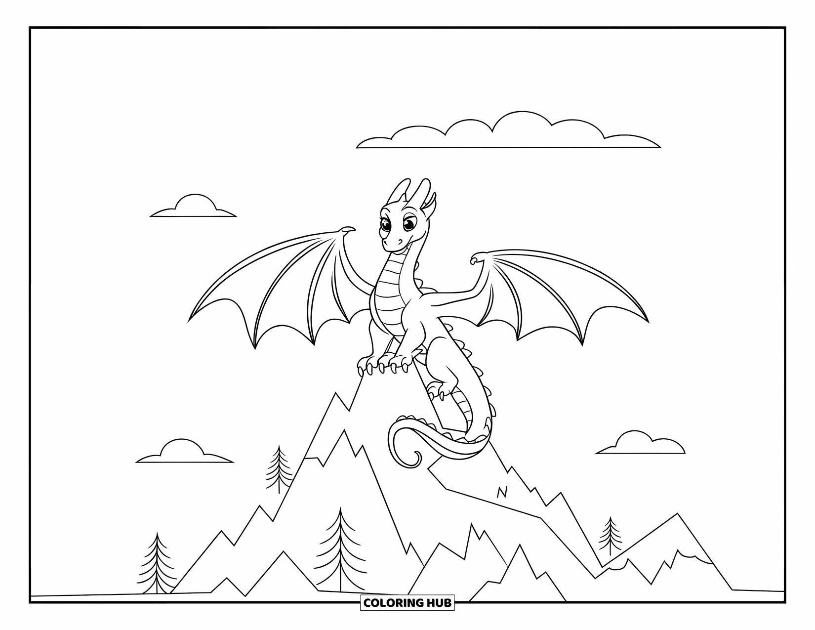 Berg Kleurplaat voor Kinderen: Een draak met open vleugels die op een grillige bergtop zit