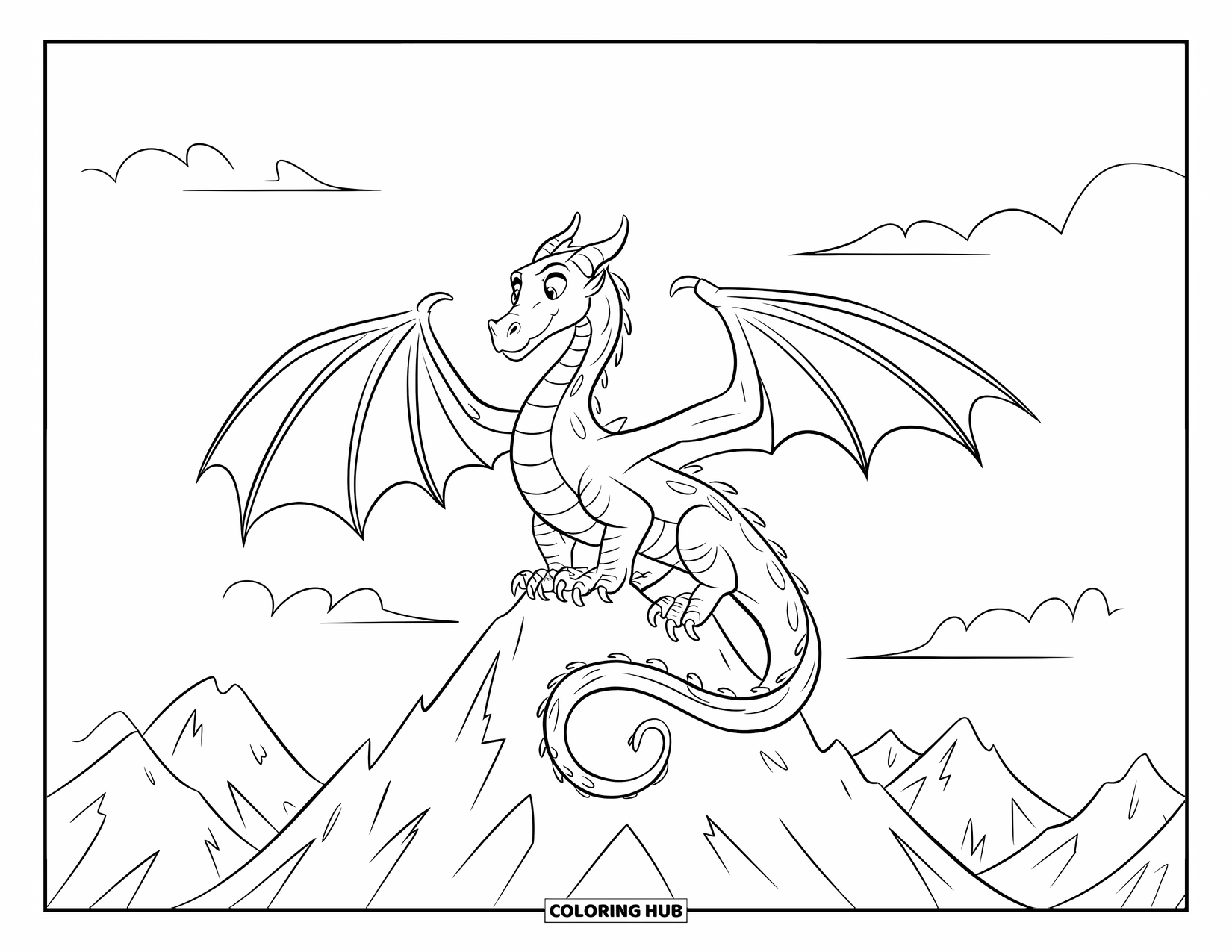 Berg Kleurplaat voor Kinderen: Een draak met getextureerde schubben die op een scherpe bergtop zit