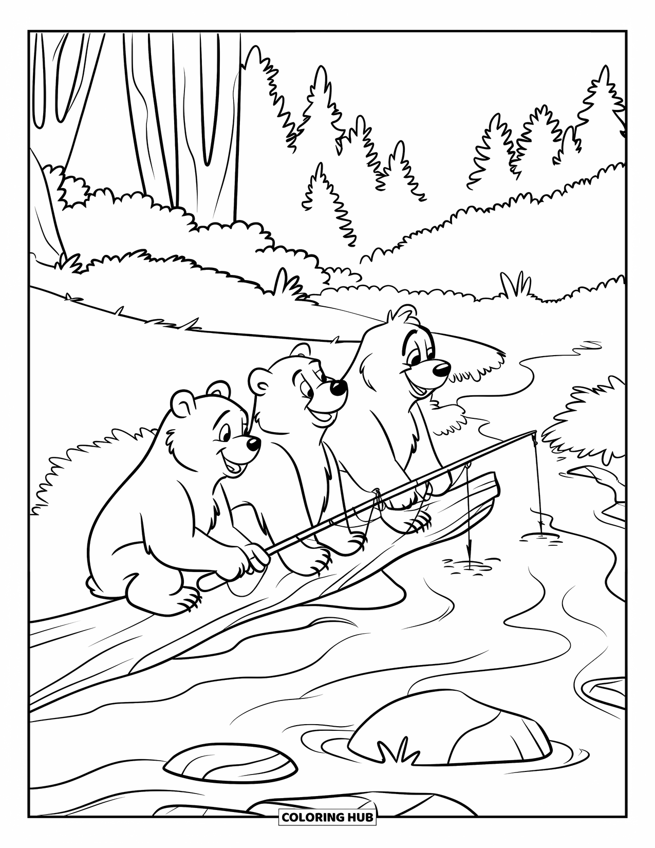 Berg Kleurplaat voor Kinderen: Een familie beren die aan het vissen is bij een bergbeek met rotsen in de buurt