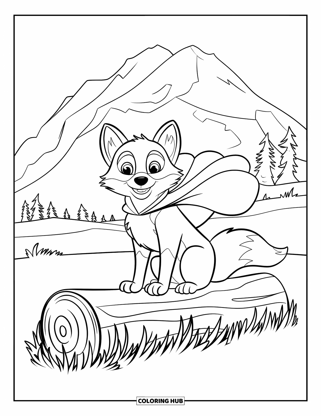 Berg Kleurplaat voor Kinderen: Een vos met een rode sjaal die op een boomstam zit in de buurt van een berg