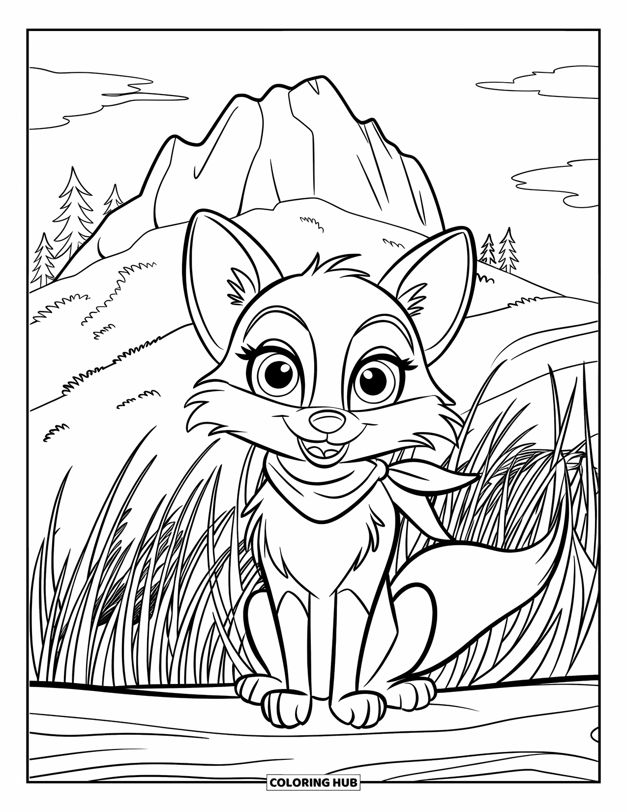 Berg Kleurplaat voor Kinderen: Een vos die op een boomstam zit met hoog gras en een berg achter zich