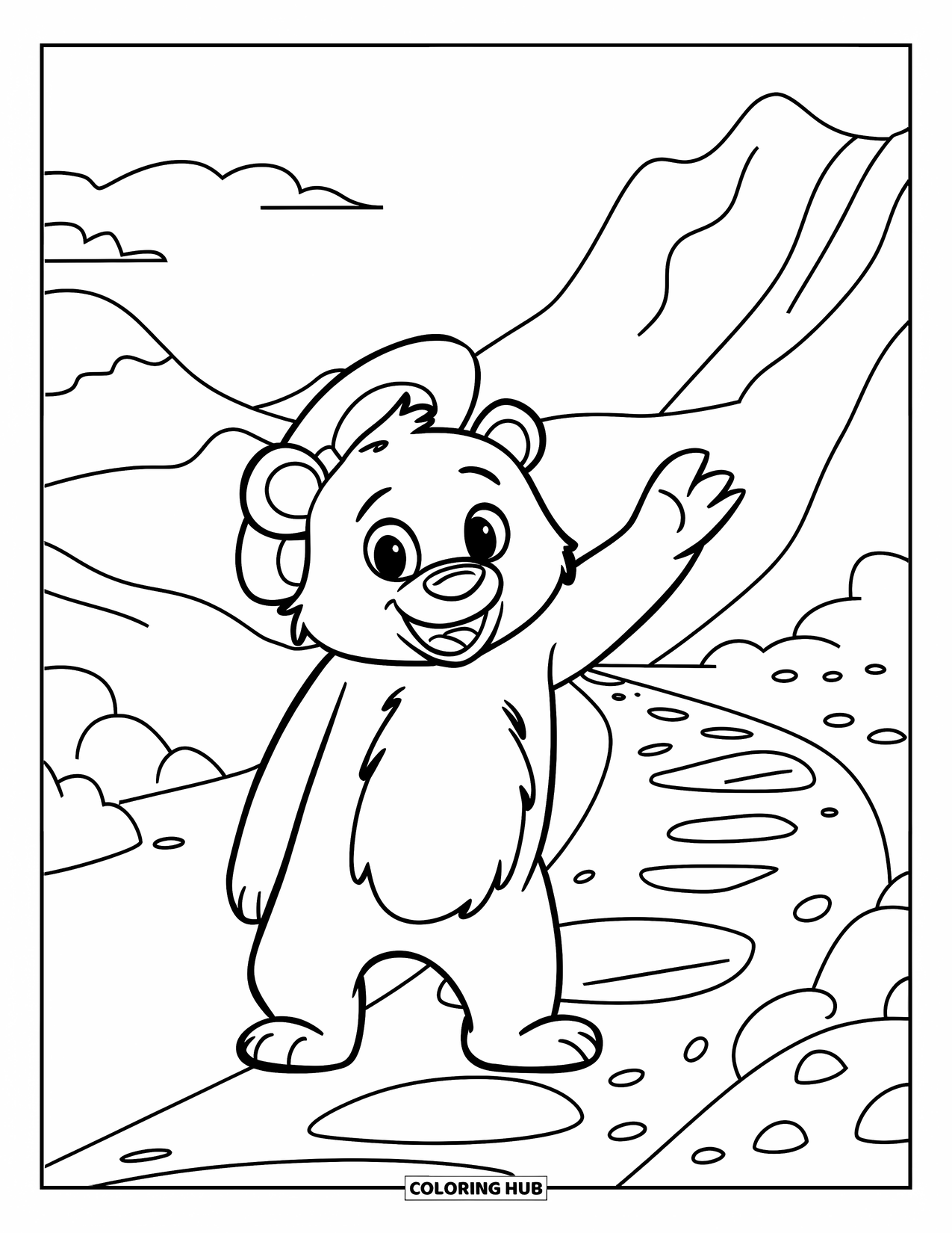 Berg Kleurplaat voor Kinderen: Een blije beer die zwaait op een bergpad omringd door groen