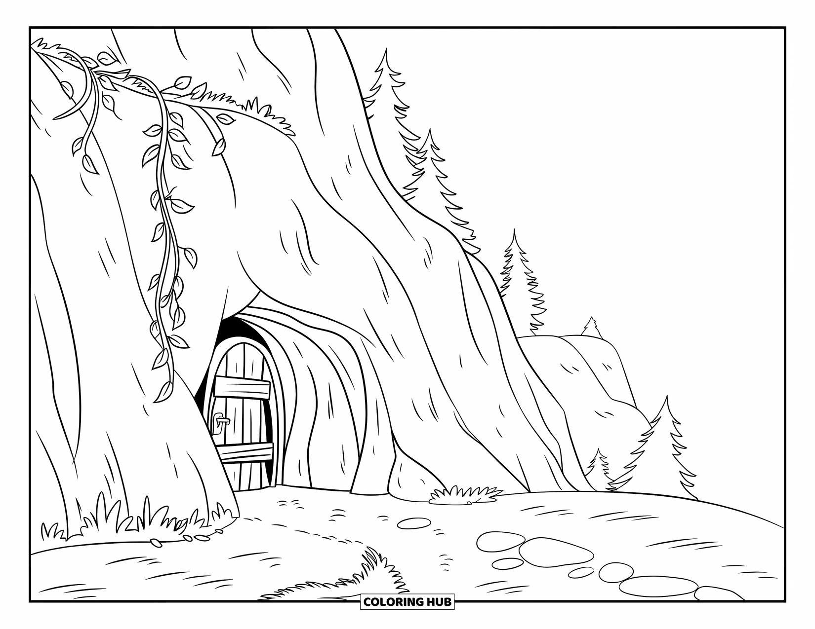Berg Kleurplaat voor Kinderen: Een verborgen grot ingang op een berghelling met hangende wijnranken