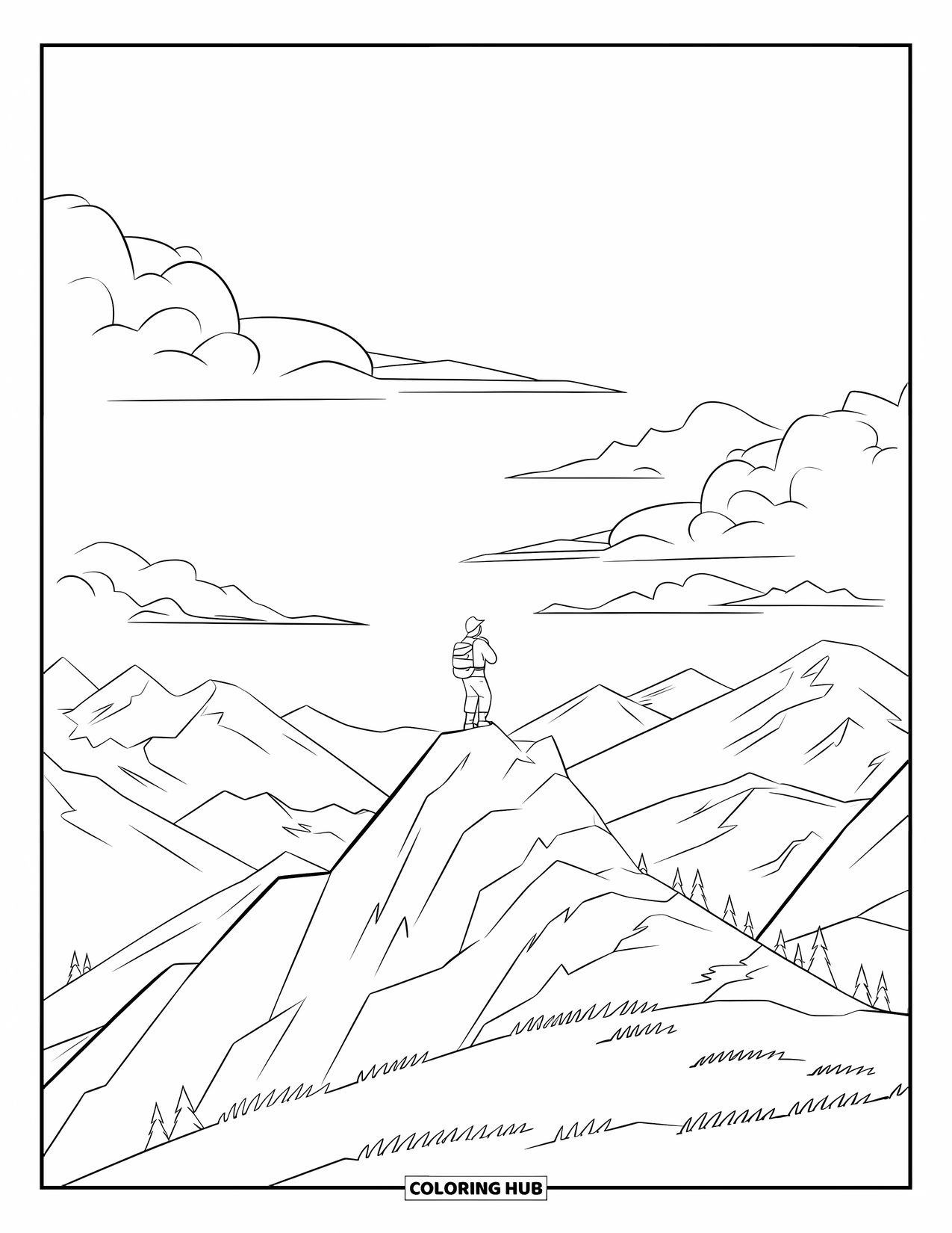 Berg Kleurplaat voor Kinderen: Een wandelaar op een met gras begroeide top die uitkijkt op een reeks bergen