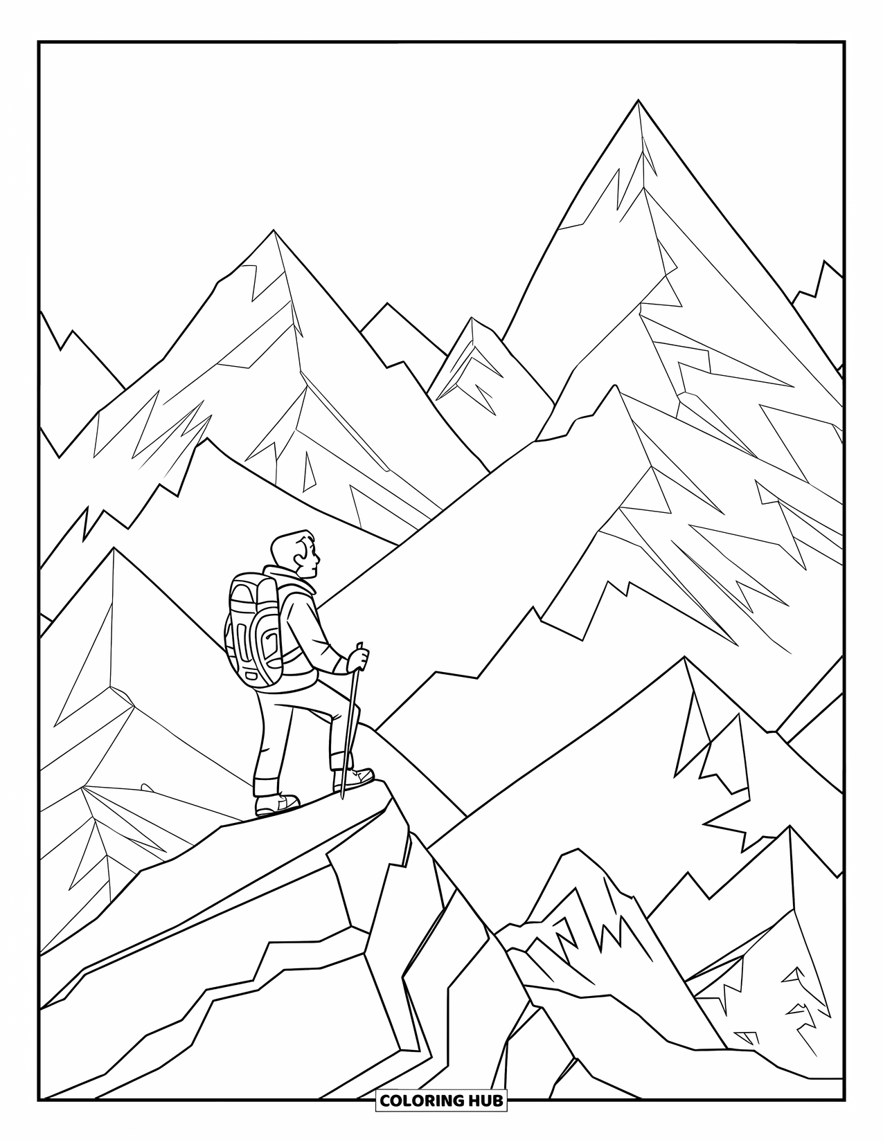 Berg Kleurplaat voor Kinderen: Een wandelaar die op een bergtop staat en naar verre bergketens kijkt