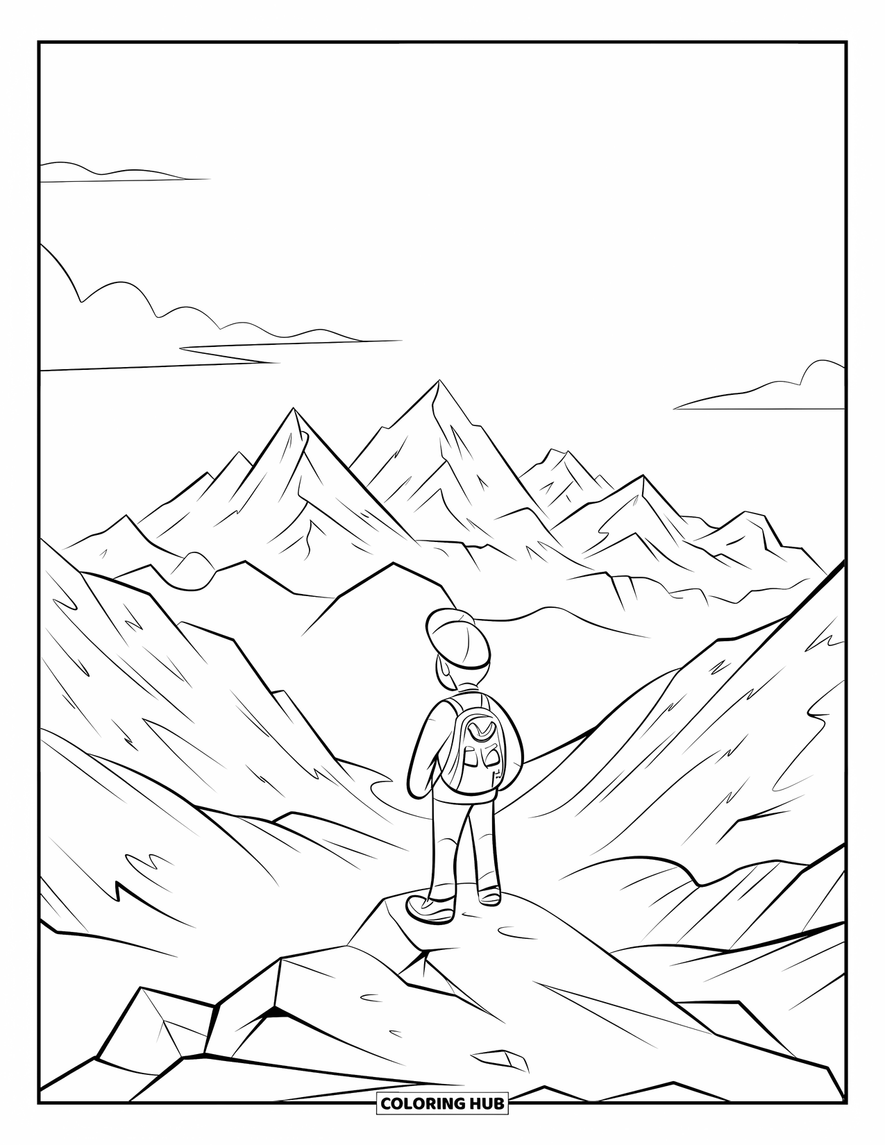 Berg Kleurplaat voor Kinderen: Een wandelaar met een rugzak op een top met uitzicht op bergen en een heldere hemel