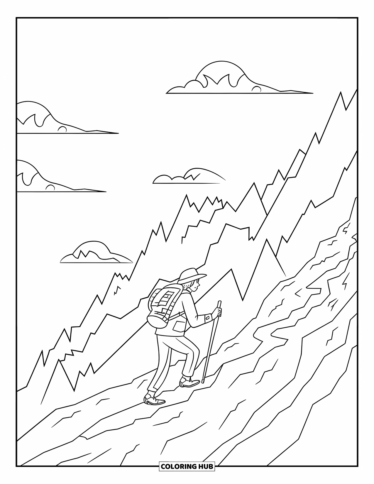 Berg Kleurplaat voor Kinderen: Een eenzame avonturier die een scherp, rotsachtig pad beklimt met een rugzak en een stok