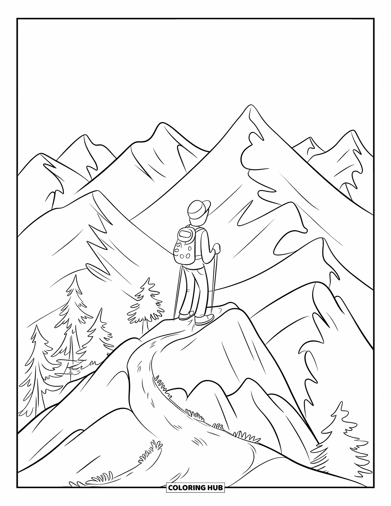 Berg Kleurplaat voor Kinderen: Een eenzame wandelaar op een bergtop met bomen en rotsachtig terrein