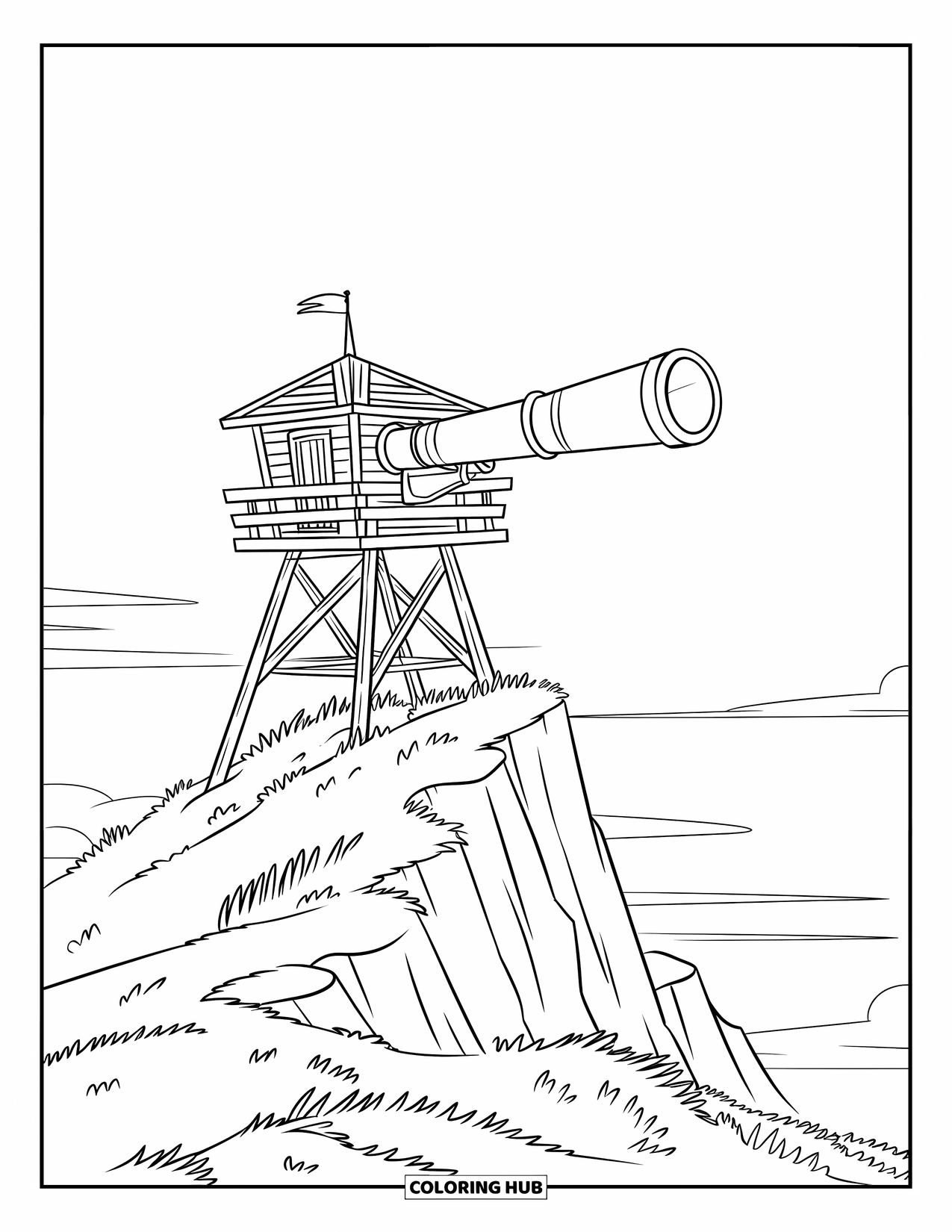 Berg Kleurplaat voor Kinderen: Een uitkijktoren met een schuin dak en een telescoop op een rotsachtige bergtop