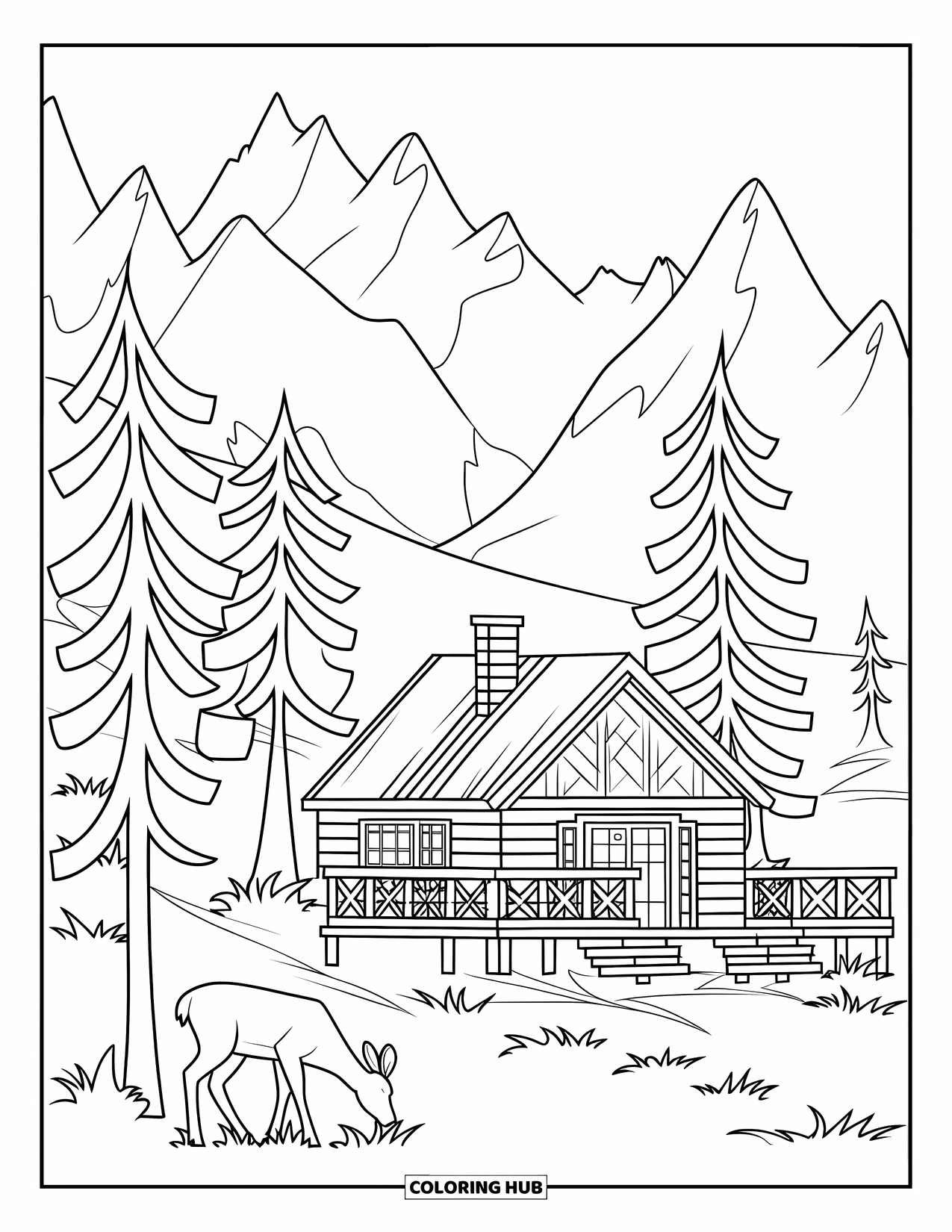 Berg Kleurplaat voor Kinderen: Een berghut met dennenbomen en een hert dat in de buurt graast
