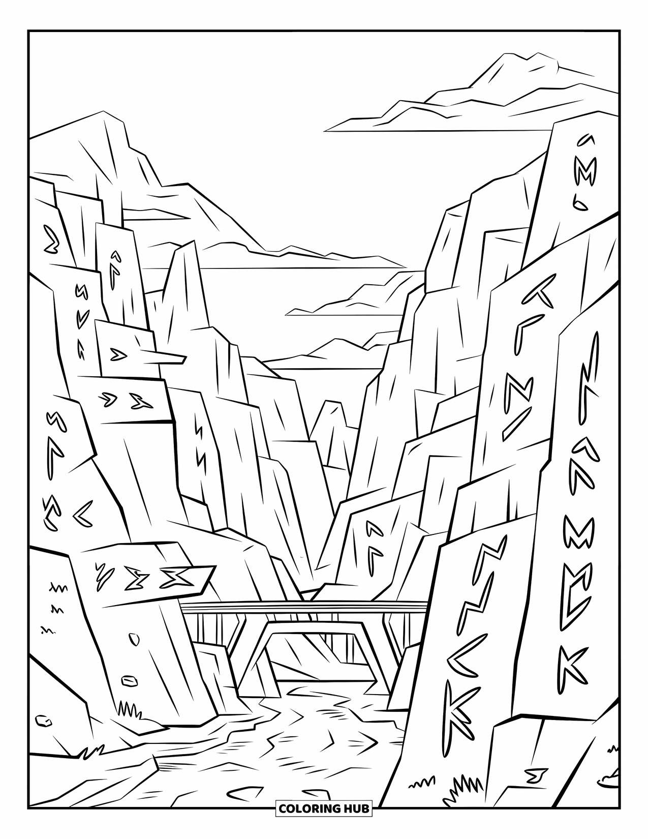Berg Kleurplaat voor Kinderen: Een bergpas met runen op rotsen en een brug over een rivier