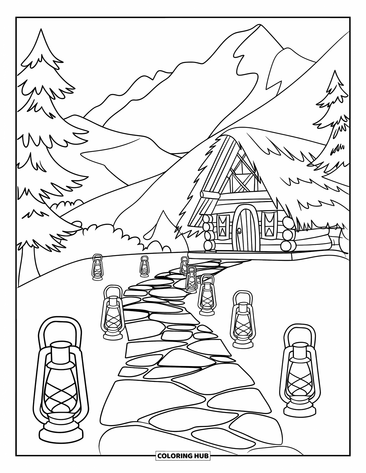 Berg Kleurplaat voor Kinderen: Een bergpad omzoomd met lantaarns dat leidt naar een gezellige houten hut