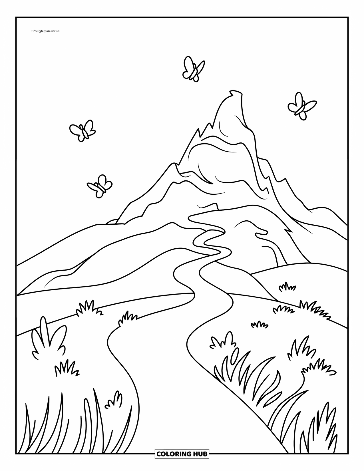 Berg Kleurplaat voor Kinderen: Een bergpad met kleine vlinders die rondvliegen
