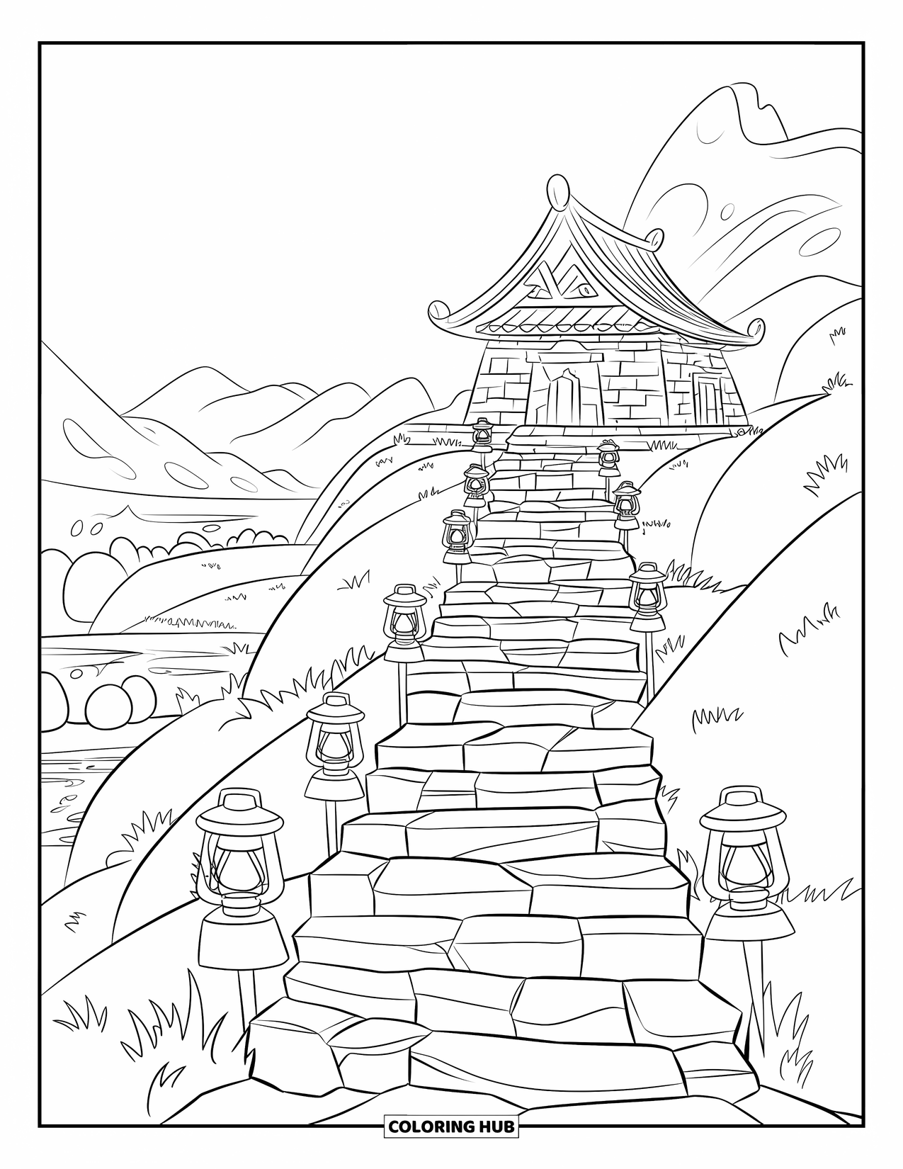 Berg Kleurplaat voor Kinderen: Een bergtempel met stenen trappen, lantaarns en een sereen landschap