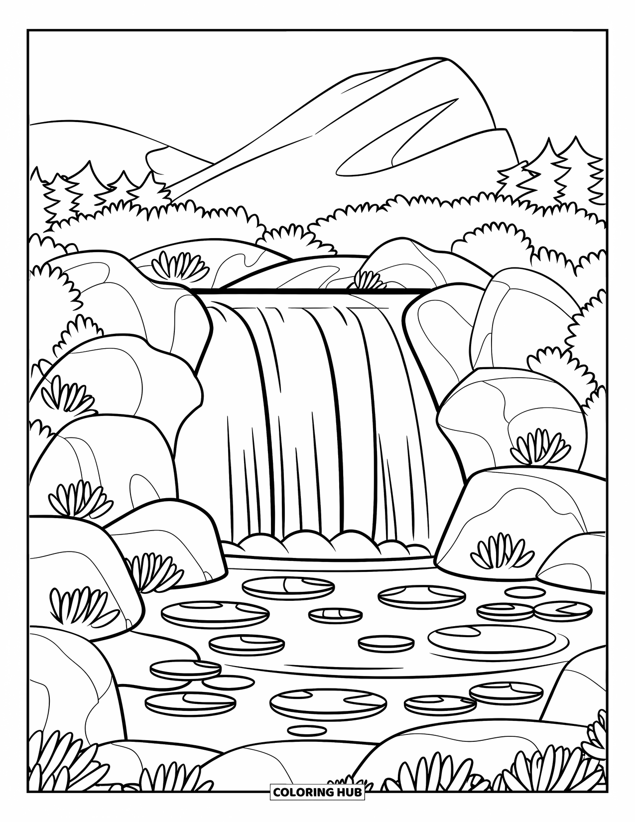 Berg Kleurplaat voor Kinderen: Een bergwaterval met een vijver en waterlelies eronder