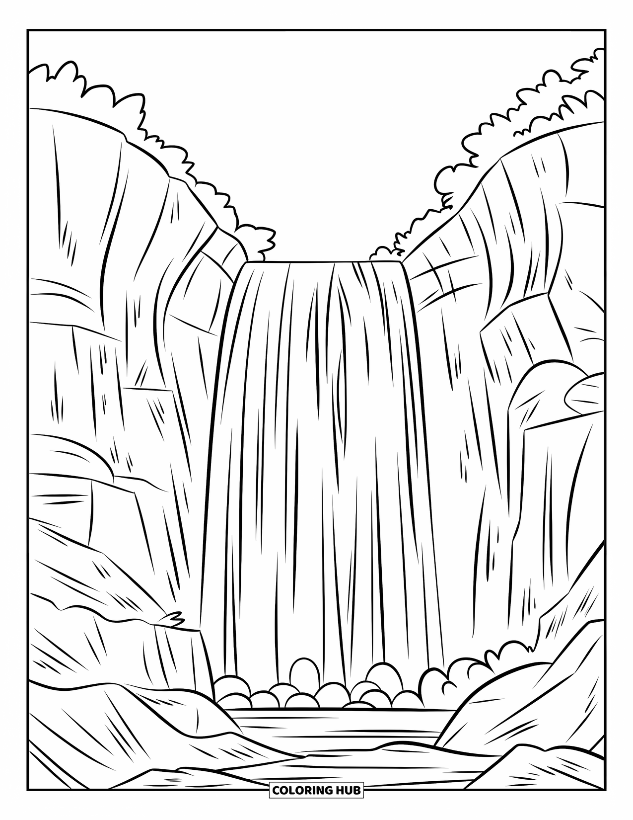 Berg Kleurplaat voor Kinderen: Een bergwaterval met trapsgewijs water en rotsachtige richels