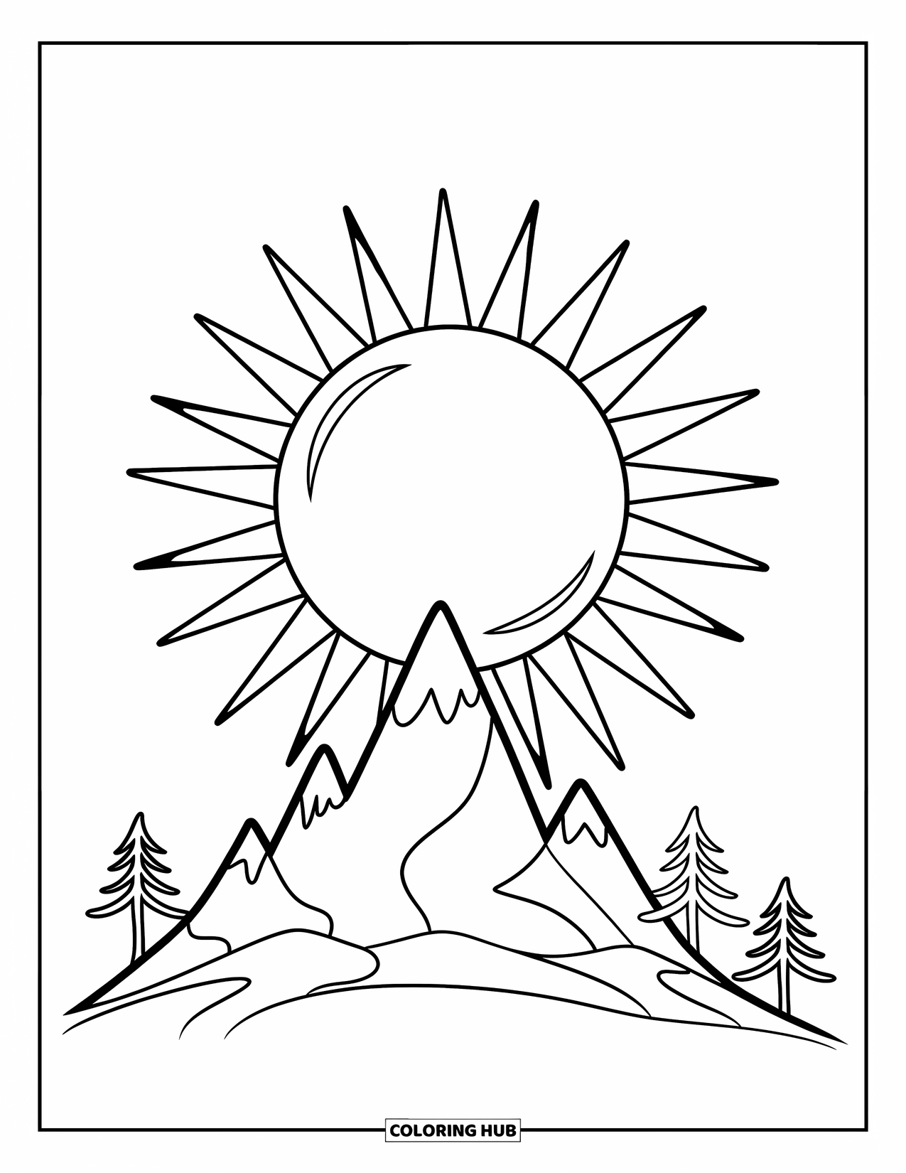 Berg Kleurplaat voor Kinderen: Een berg met dennenbomen en een zon met stralen erboven