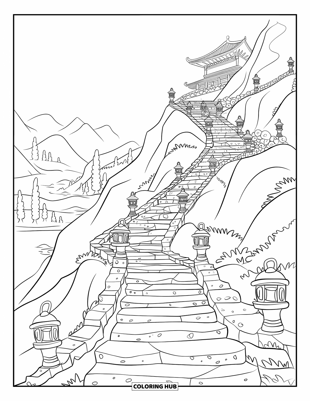 Berg Kleurplaat voor Kinderen: Een tempel met meerdere niveaus, stenen trappen en lantaarns op een bergpad