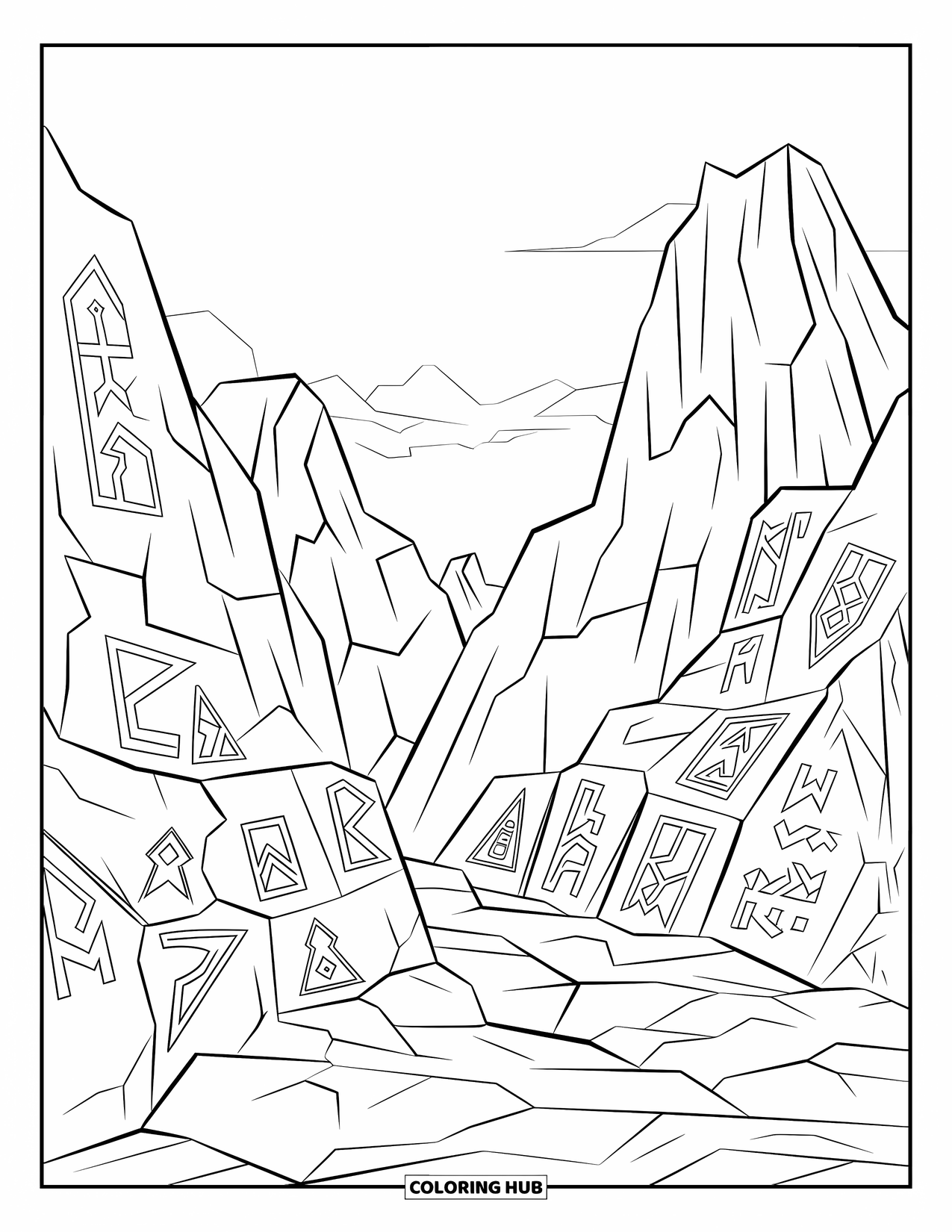 Berg Kleurplaat voor Kinderen: Een mysterieuze bergpas met runen in de rotsen en steile kliffen