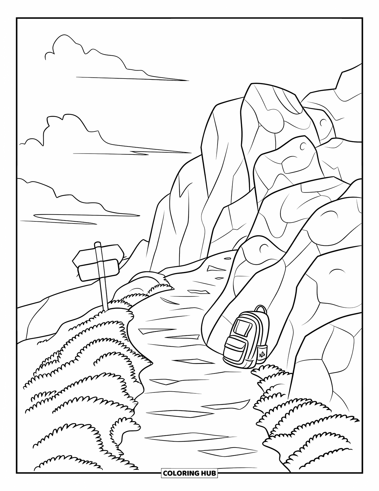Berg Kleurplaat voor Kinderen: Een smal bergpad met een wegwijzer en een rugzak die ertegenaan leunt