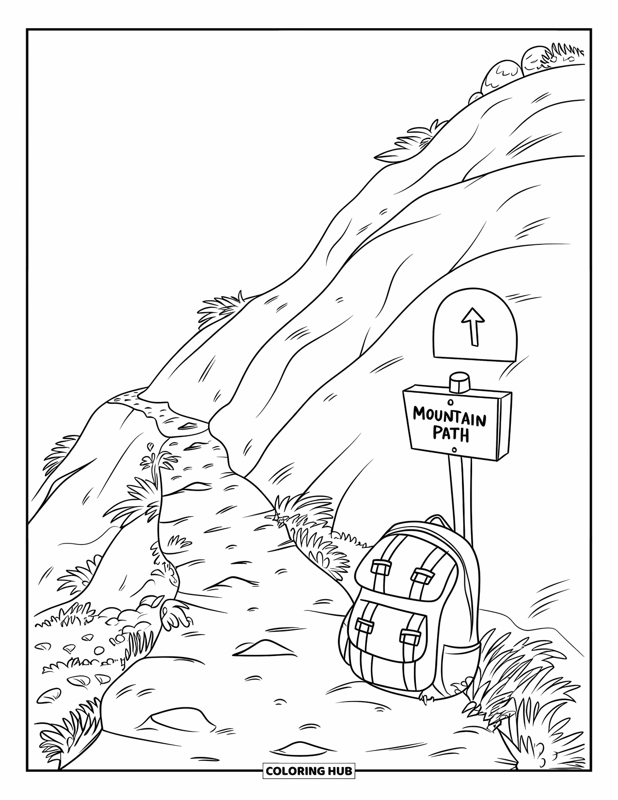 Berg Kleurplaat voor Kinderen: Een smal bergpad met een wegwijzer en een rugzak onder een heldere hemel