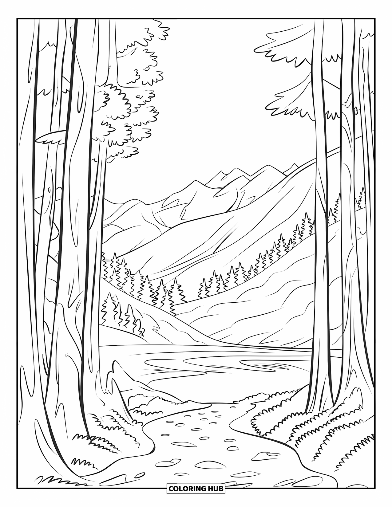 Berg Kleurplaat voor Kinderen: Een pad door het bos dat leidt naar een meer aan de voet van een berg
