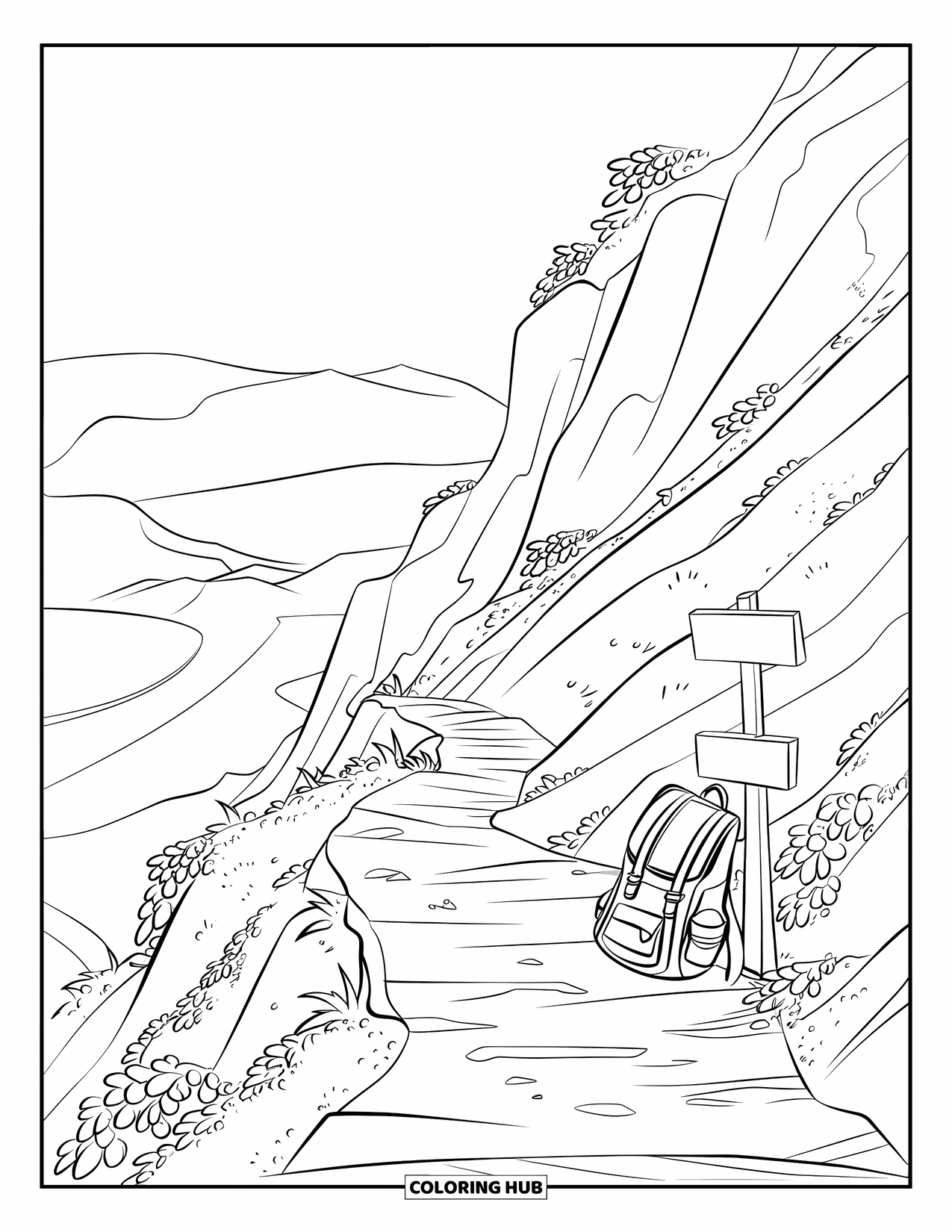 Berg Kleurplaat voor Kinderen: Een pad met rotsen en groen dat een berg op leidt met een wegwijzer