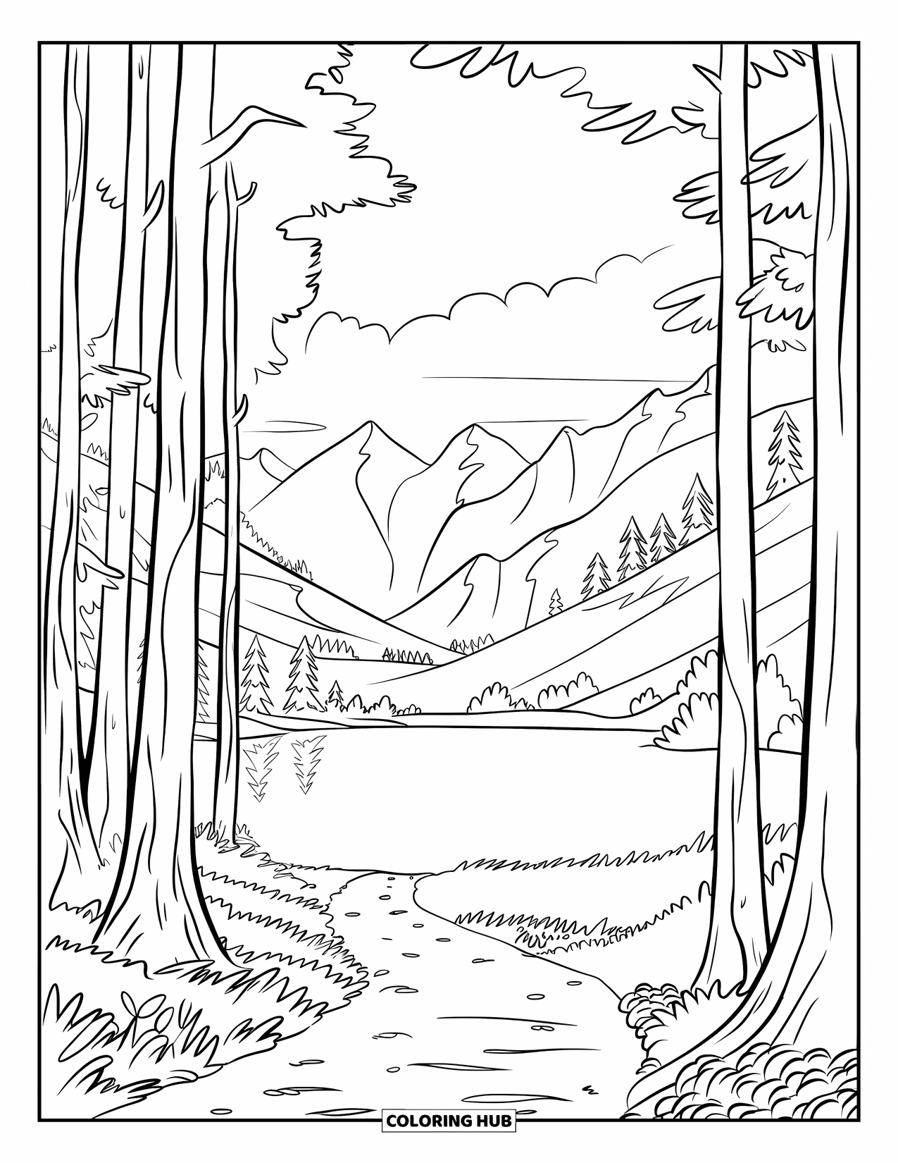 Berg Kleurplaat voor Kinderen: Een vredig pad door het bos dat leidt naar een kalm bergmeer