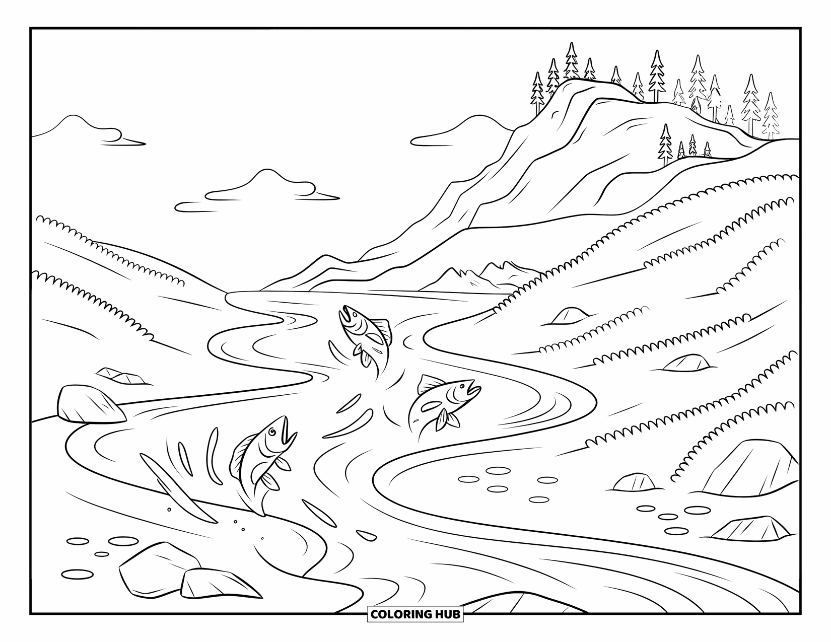 Berg Kleurplaat voor Kinderen: Een vredige rivier met springende vissen, omringd door bergen en bomen