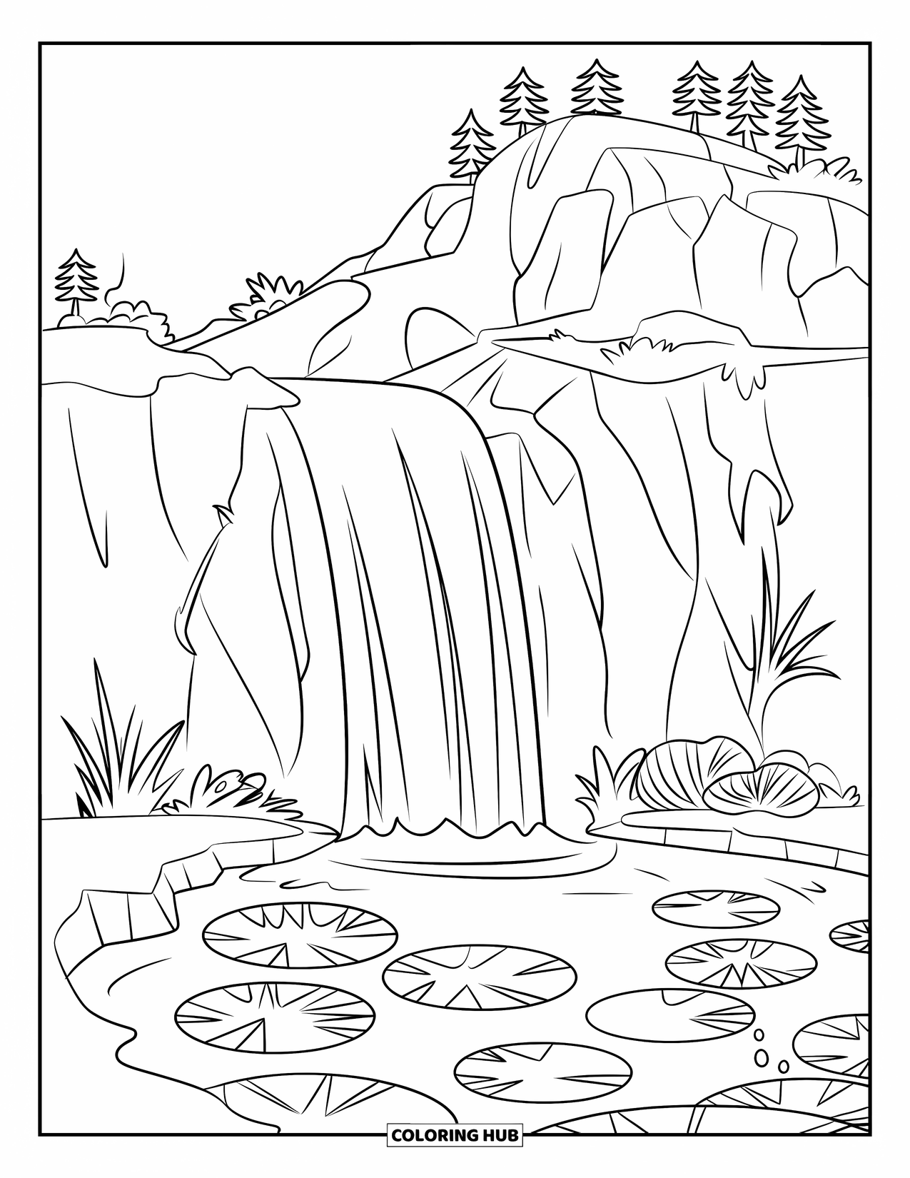 Berg Kleurplaat voor Kinderen: Een vredige waterval met waterlelies en een kleine vijver
