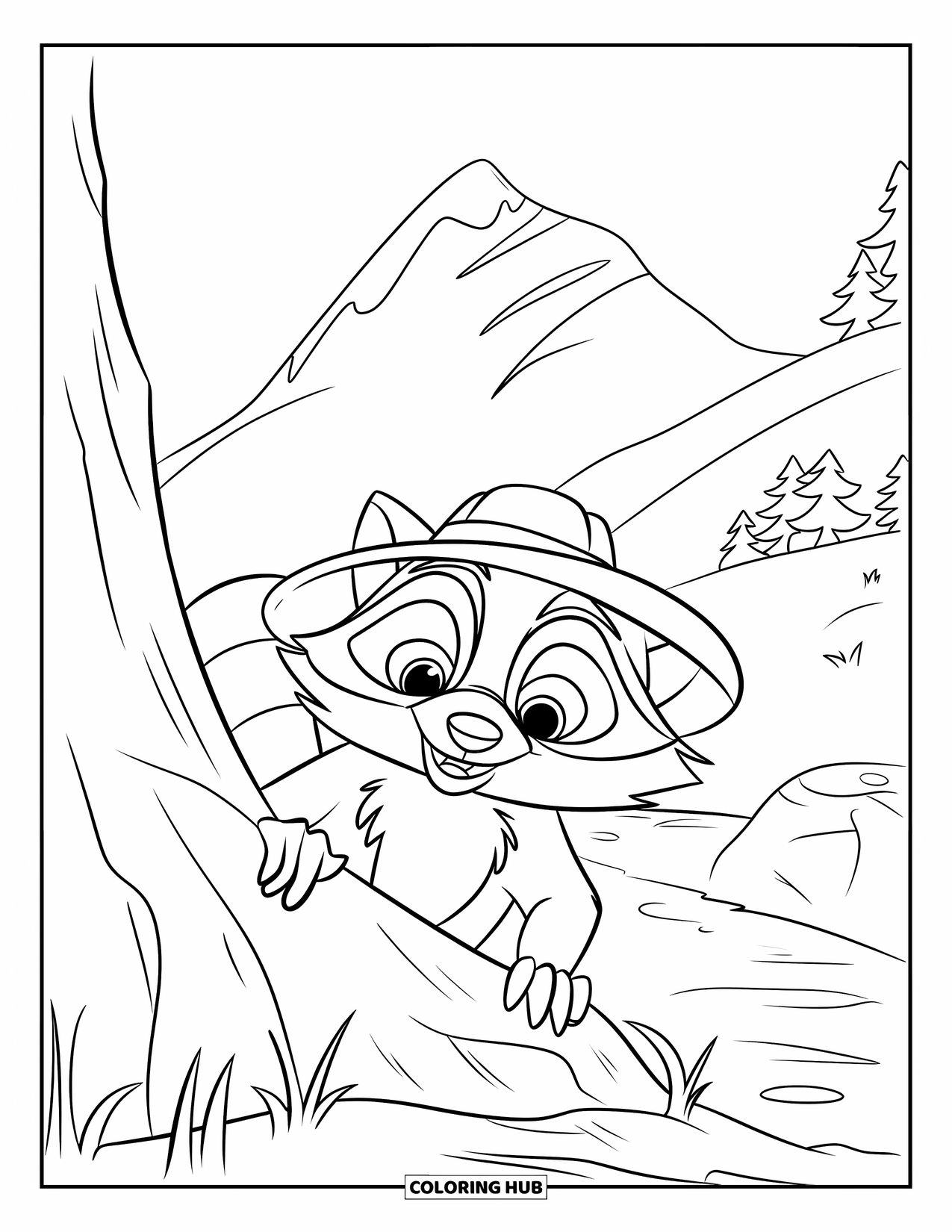 Berg Kleurplaat voor Kinderen: Een speelse wasbeer die vanaf een rots loert bij een kronkelend bergpad