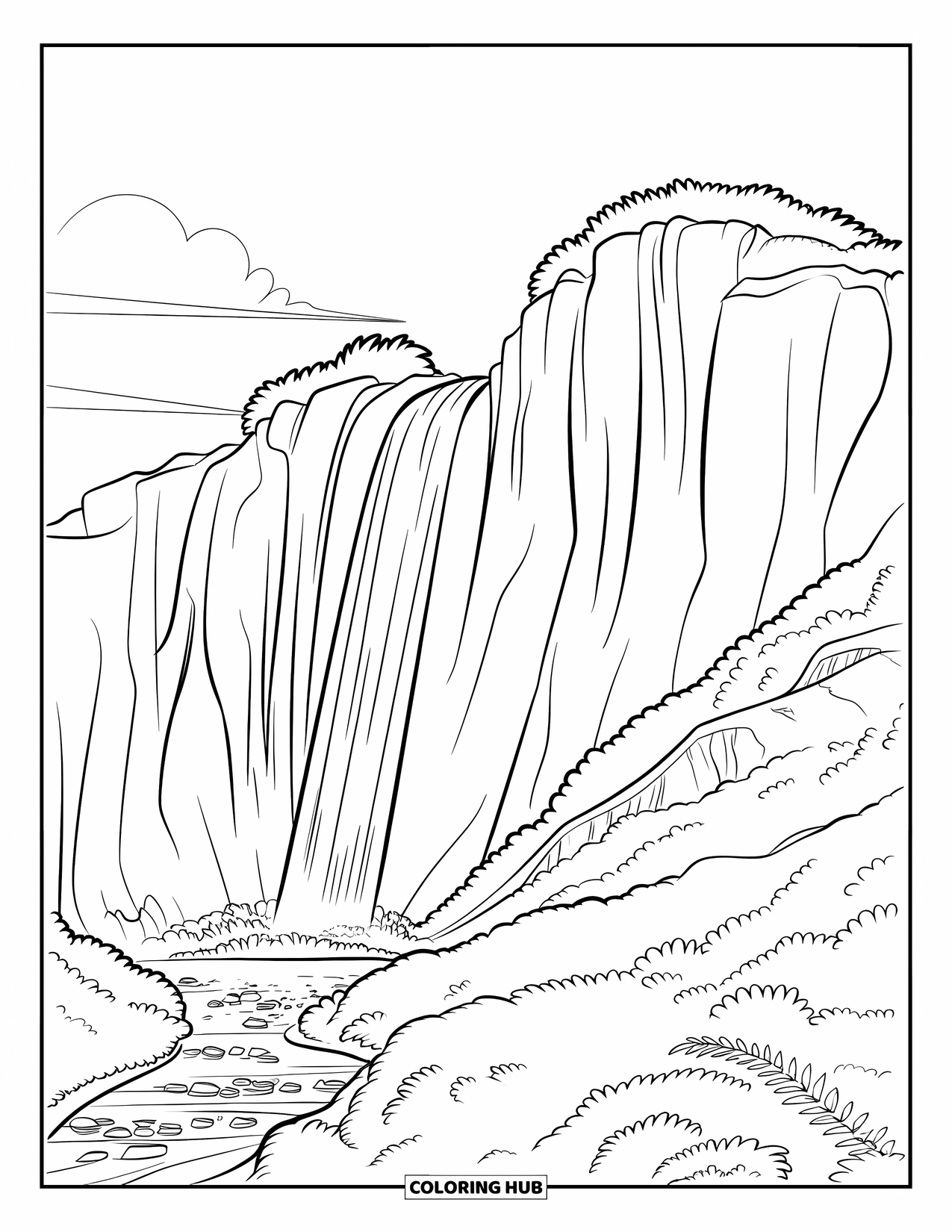 Berg Kleurplaat voor Kinderen: Een krachtige waterval die van een berg stort, omringd door rotsen en groen