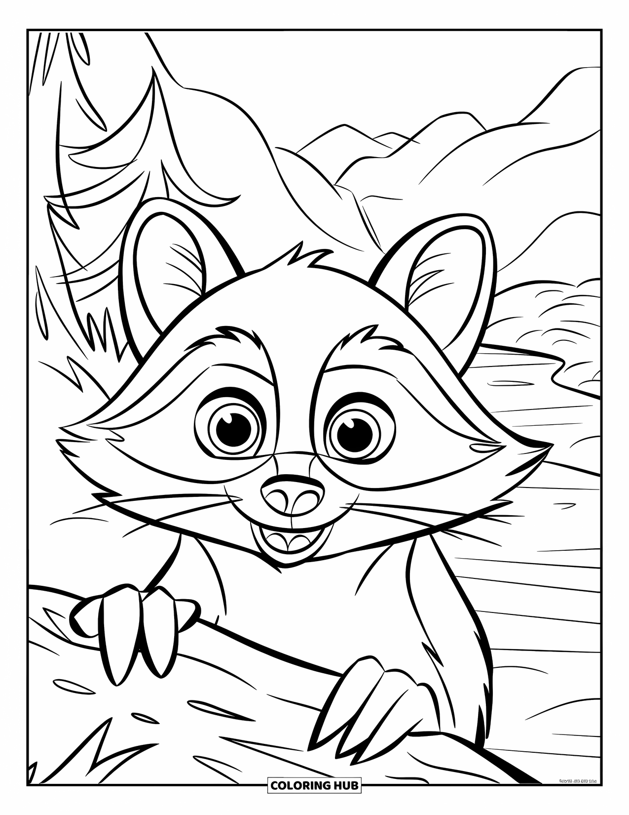 Berg Kleurplaat voor Kinderen: Een wasbeer die van achter een rots loert bij een bergpad