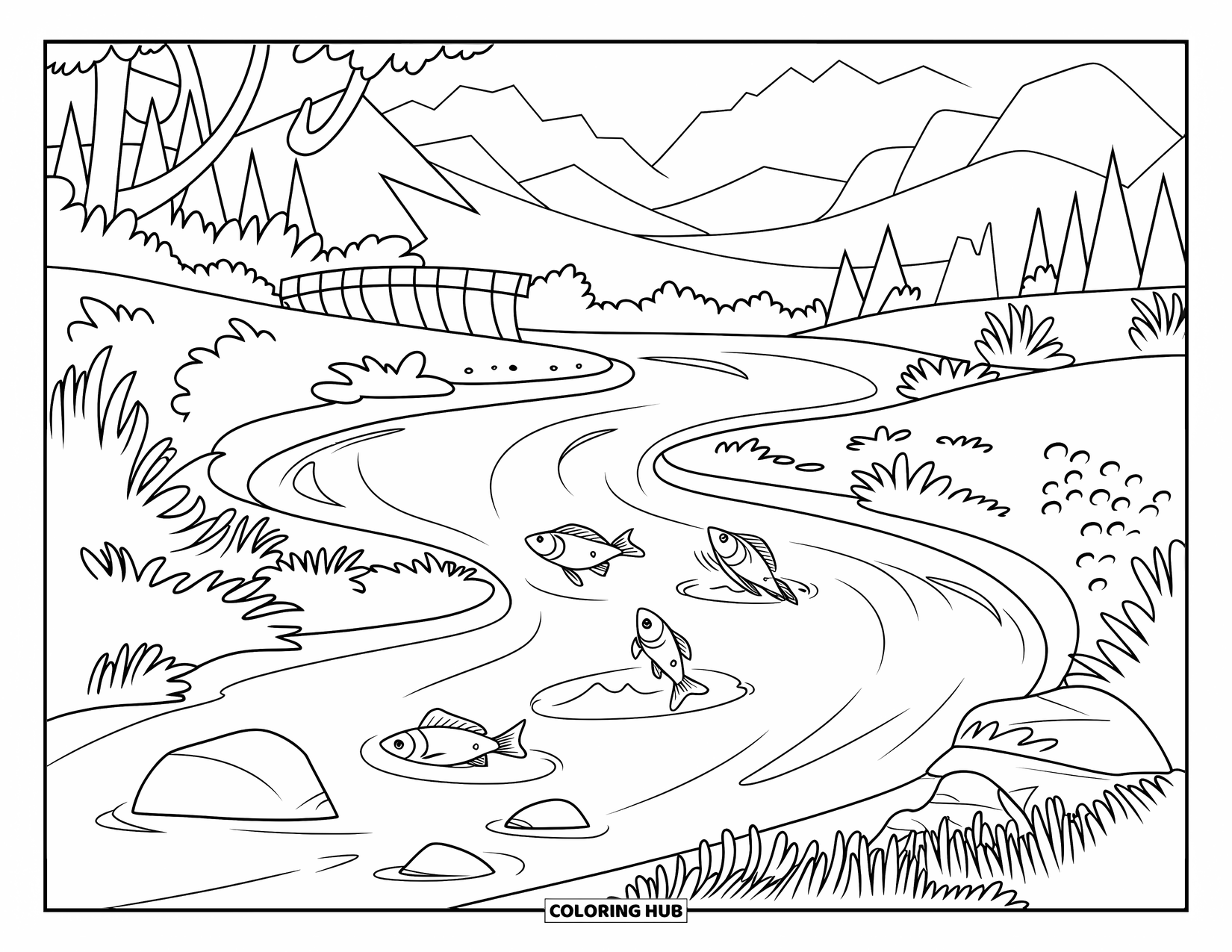 Berg Kleurplaat voor Kinderen: Een rivier die van een berg stroomt met springende vissen en bomen eromheen